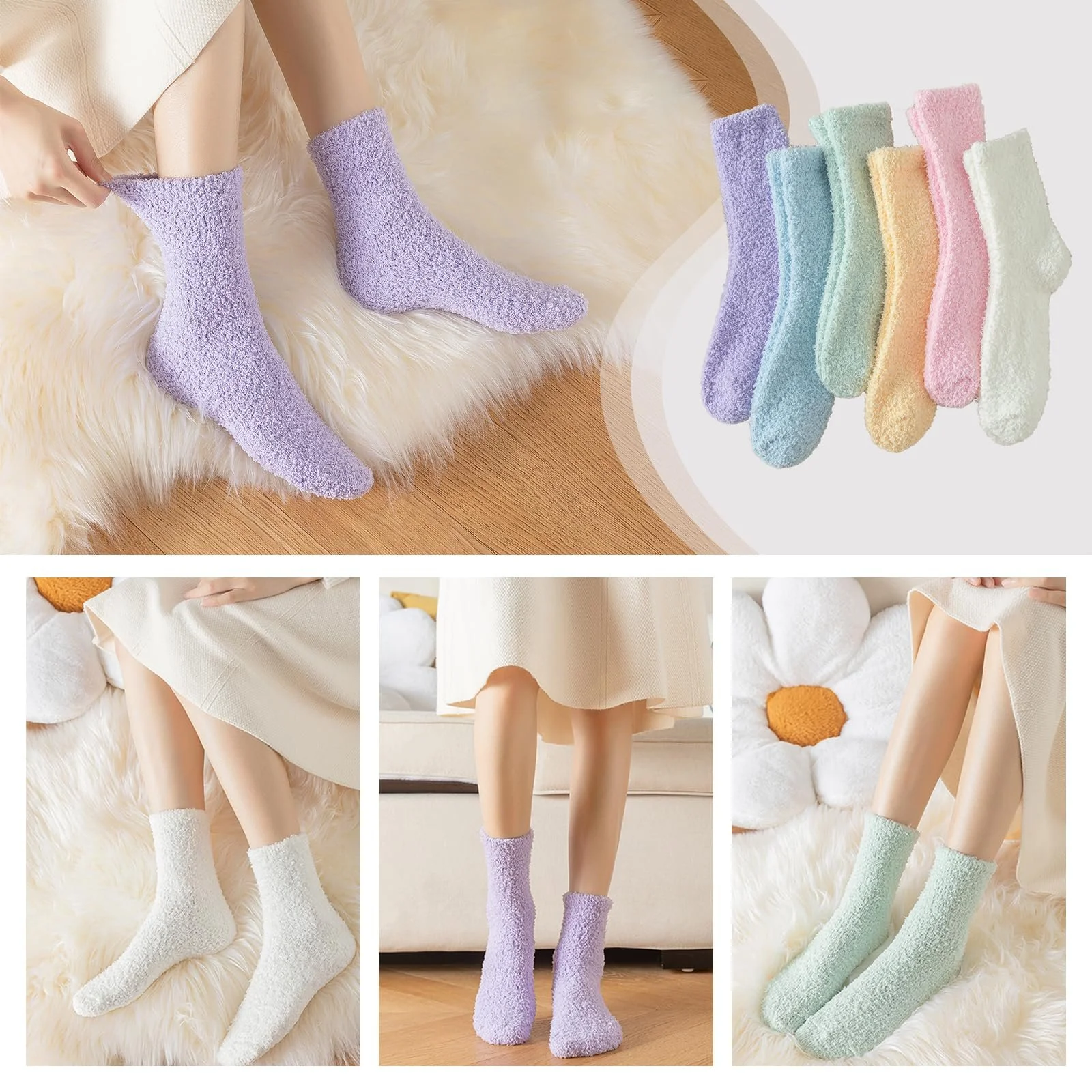 6 пар пушистых носков для женщин, пушистые носки для сна, не теряющие ворс, теплые пушистые носки, рождественские носки, толстые зимние носки, домашние носки, фото №7