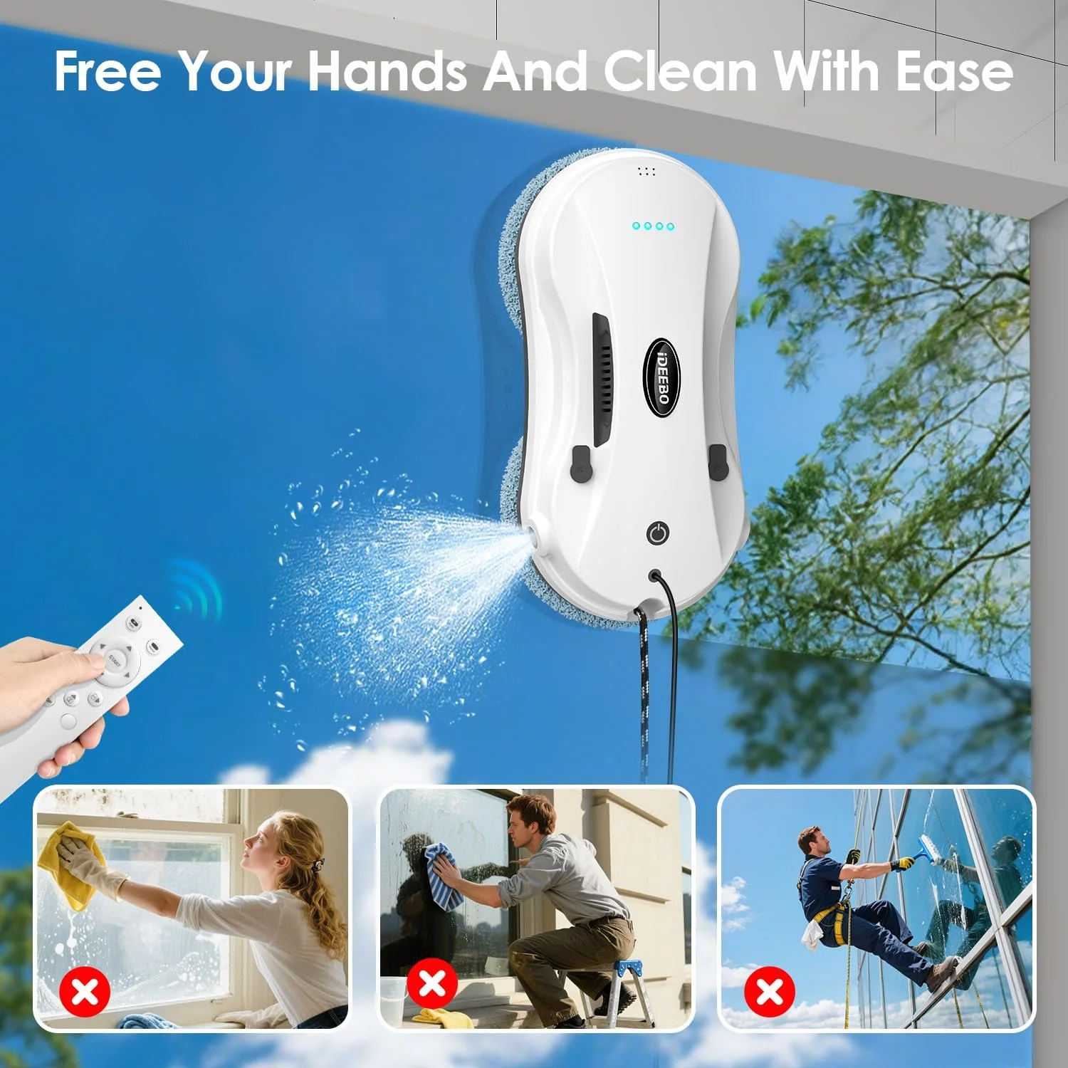 Робот для миття вікон iDEEBO з автоматичним розпилювачем води, інтелектуальною навігацією, електричний робот для миття вікон для внутрішніх і зовнішніх вікон, скла, плитки, фото №7 Робот для миття вікон iDEEBO з автоматичним розпилювачем води, інтелектуальною навігацією, електричний робот для миття вікон для внутрішніх і зовнішніх вікон, скла, плитки, фото №7