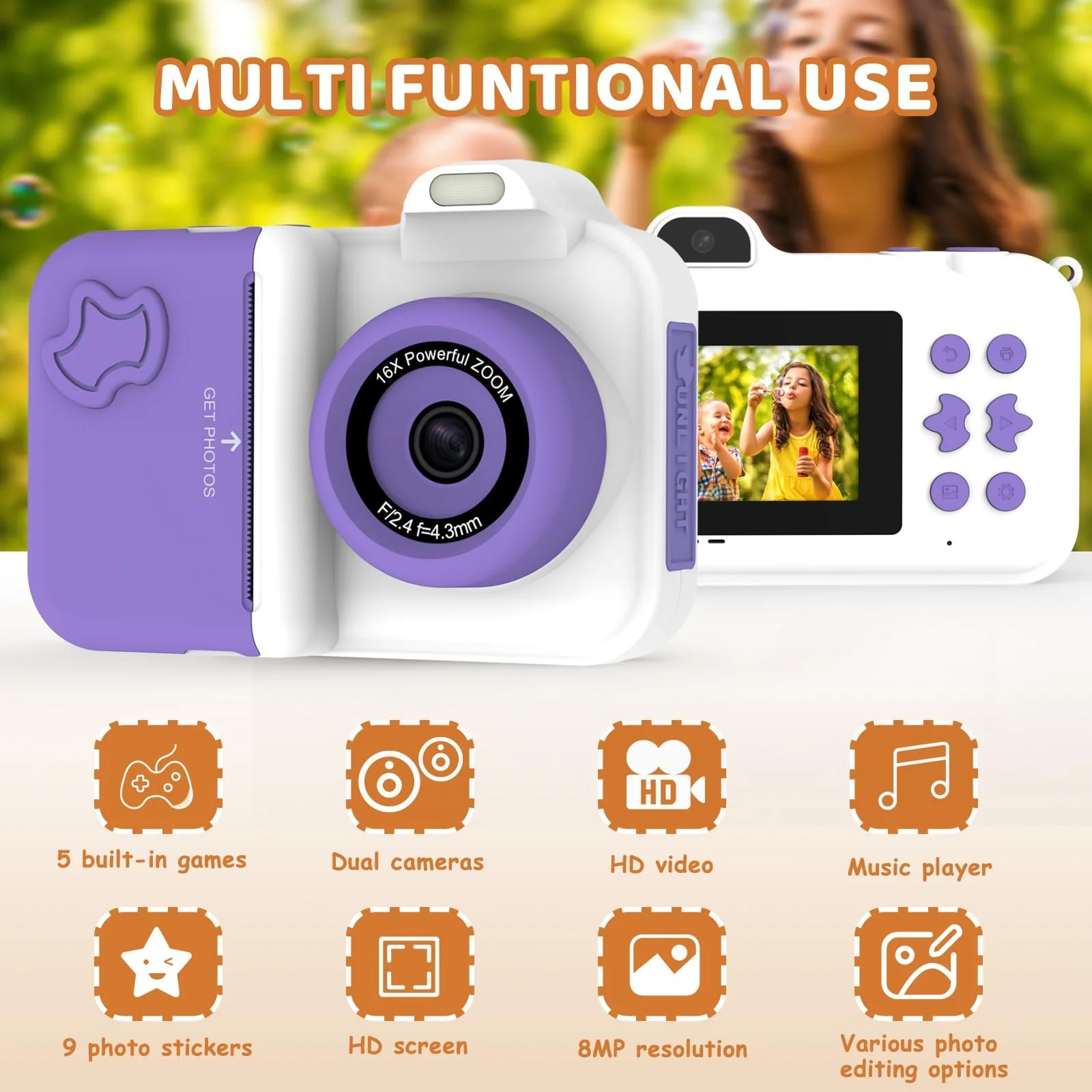 Детская камера мгновенной печати 1080P HD 16x Zoom 32 ГБ 5 рулонов бумаги MP3 игры, фото №3