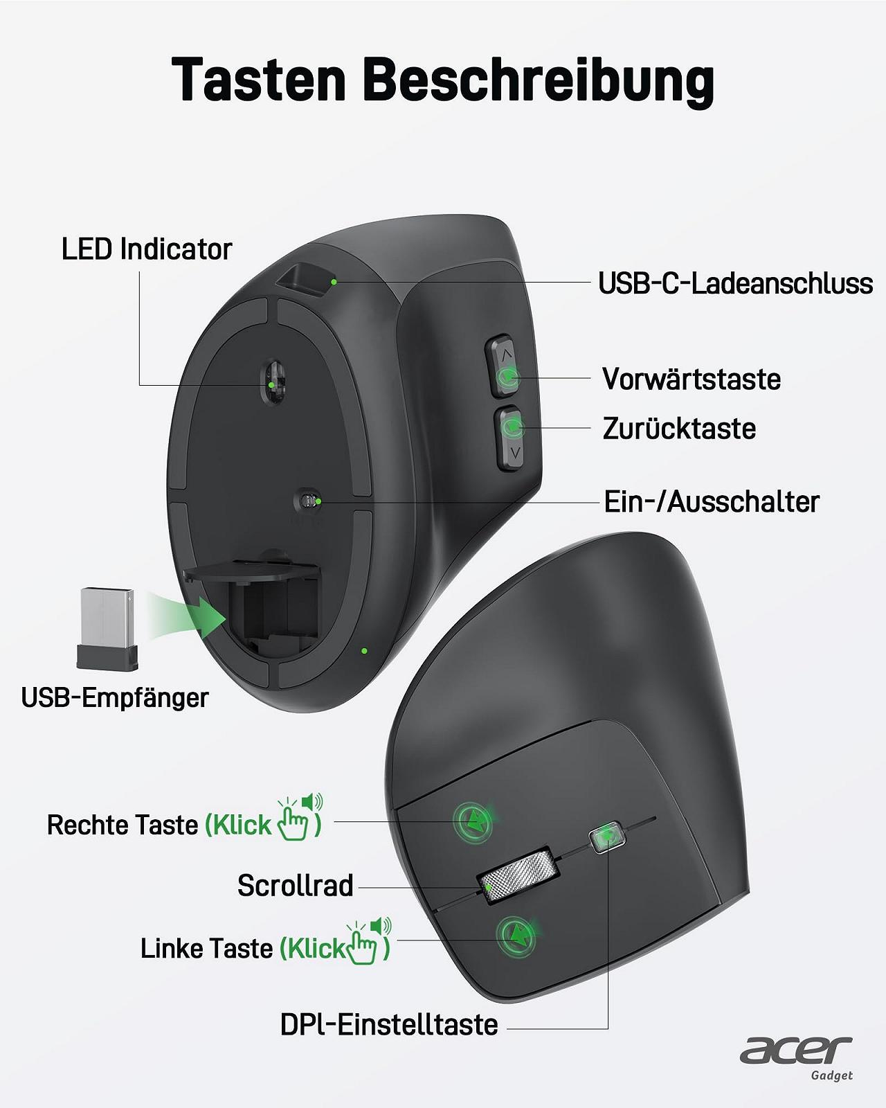 Миша Acer Бездротова, Перезаряджувана 2.4 GHz Вертикальна з 3 DPI, 6 Кнопками, фото №9