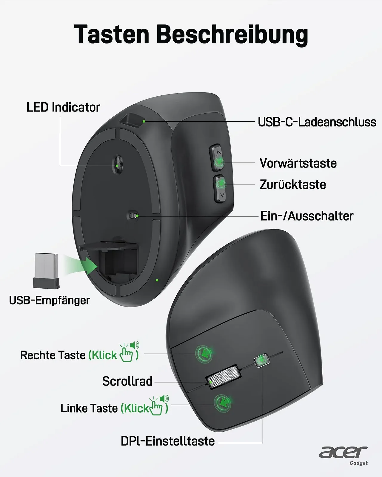 Мышь Acer Беспроводная, Перезаряжаемая 2.4 GHz Вертикальная с 3 DPI, 6 Кнопками, фото №9