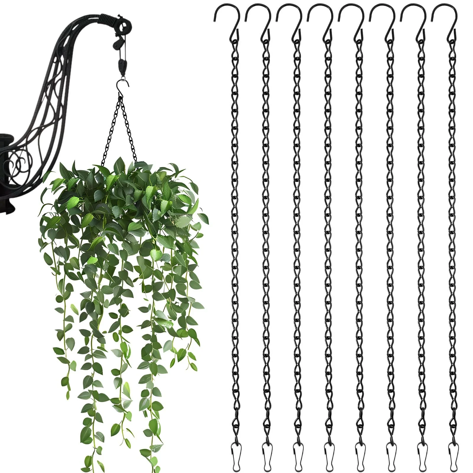 Ланцюжки для підвісних кошиків 8 шт. Метал 50 см Чорний З гачками та затискачами, фото №1