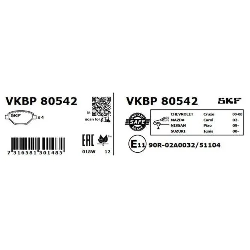 Комплект гальмівних колодок дискового гальма SKF VKBP 80542 для DAIHATSU NISSAN SUZUKI, фото №2