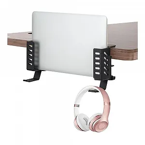 Держатель для ноутбука, Вертикальная подставка для ноутбука для стола, металлическая подставка для ноутбука, не требует сверления, с крючком (Черный) - Фото 1