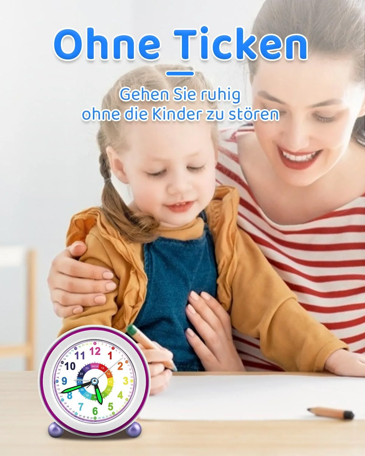 Дитячий Будильник Ayybboo Кварцовий Аналоговий Безшумний з Функцією Повтору та Нічником, фото №4