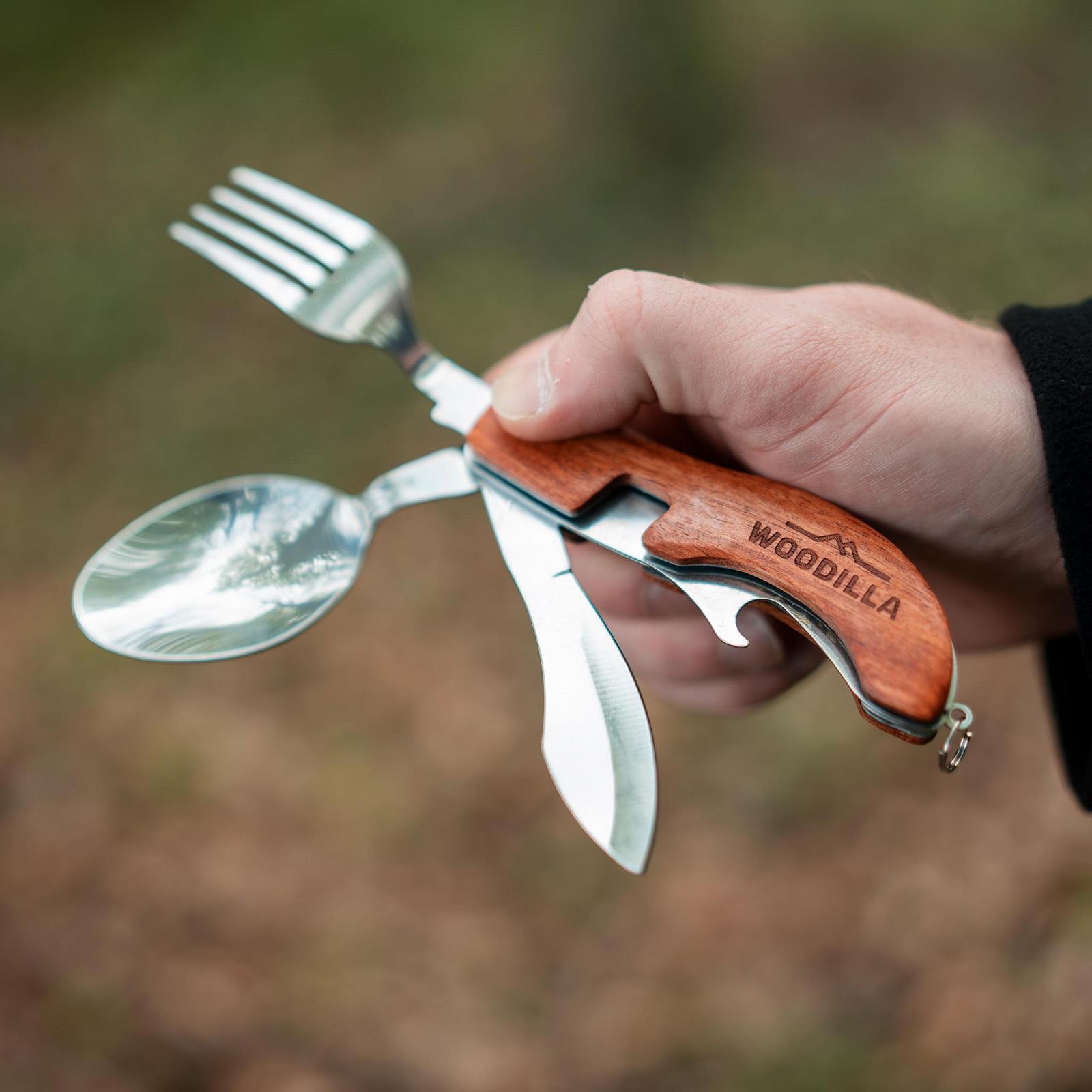Набір столових приборів Woodilla Outdoor, складні, з нержавіючої сталі та дерева, ніж, виделка, ложка, відкривачка для пляшок, 4 в 1, коричневий та срібний, фото №4