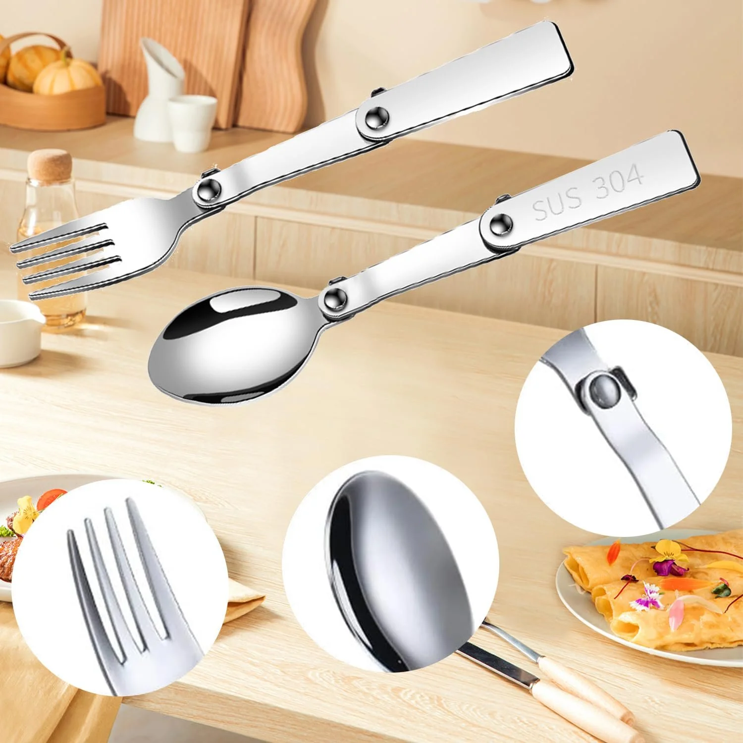 Набор портативных складных ложек и вилок из нержавеющей стали 304 для путешествий на природе, кемпинга, походов, пикников и выживания, 2 штуки, фото №3