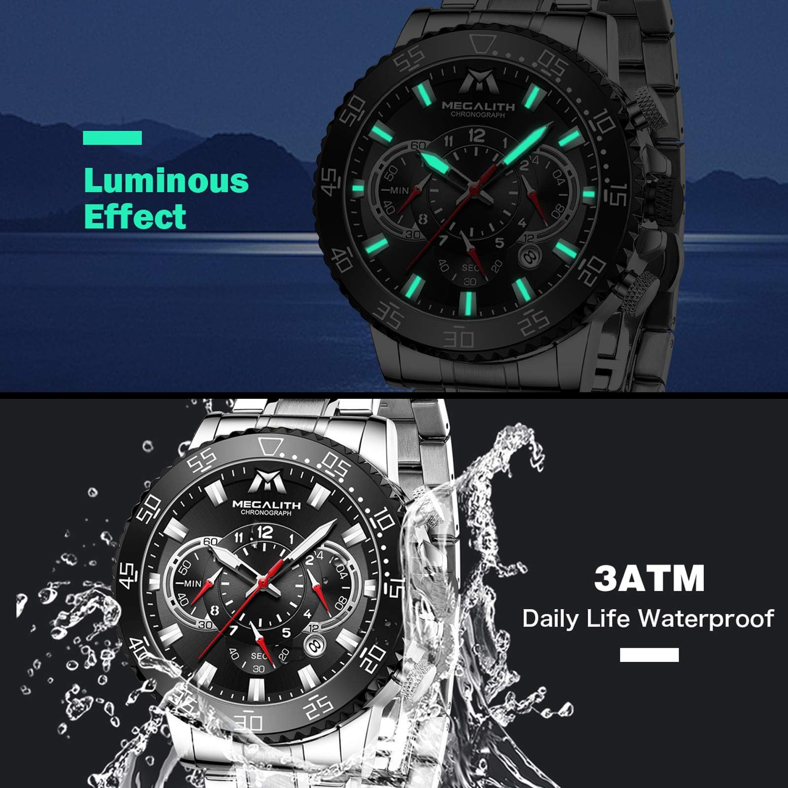 Годинник MEGALITH Чоловічий Хронограф Кварцовий 45 мм З Нержавіючої Сталі Великий Водонепроникний Світний Календар Сріблястий A0 Сріблястий Чорний Японія, фото №4
