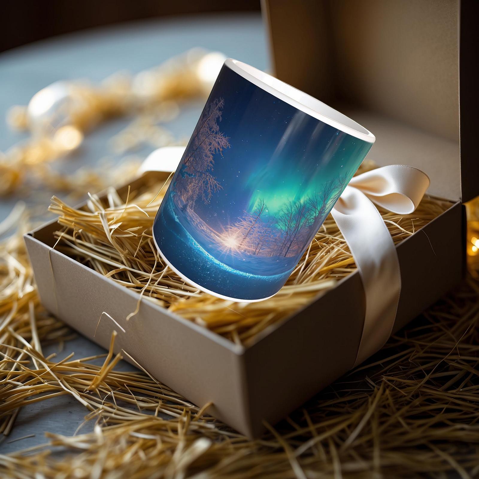 Кружка 330 мл Mug Print Aurora Borealis Winter Forest Snow Sunrise Керамическая кофейная кружка Подарочная идея Forest Sun Moon Northern Lights Sun Moon Stars Glitter, фото №7