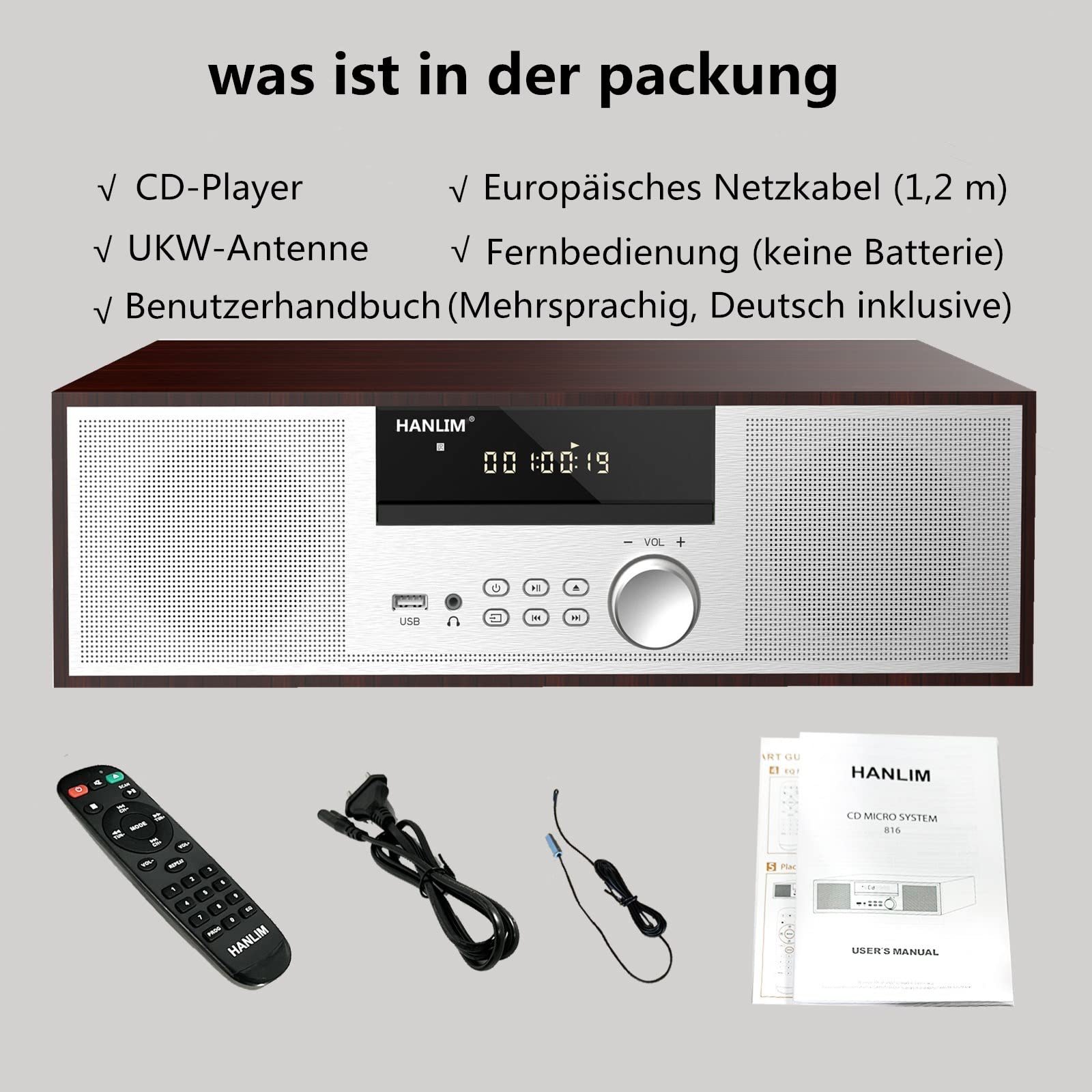 Вінтажна мікро Hi-Fi система CD стереосистема Mini Component 40 Вт RMS FM/Bluetooth-сумісний/USB/AUX/Дистанційне керування/Роз'єм для навушників, сумісний із джерелом звуку високої роздільної здатності, сріблястий, дерево, фото №7