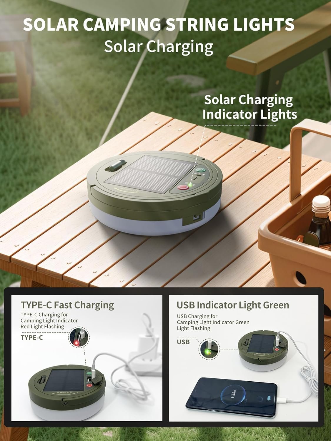 Гірлянда wisdom line LED 10 м, що перезаряджається через USB, 5 режимів освітлення для кемпінгу, походів та прикрас (тонкий сонячний акумулятор), фото №2
