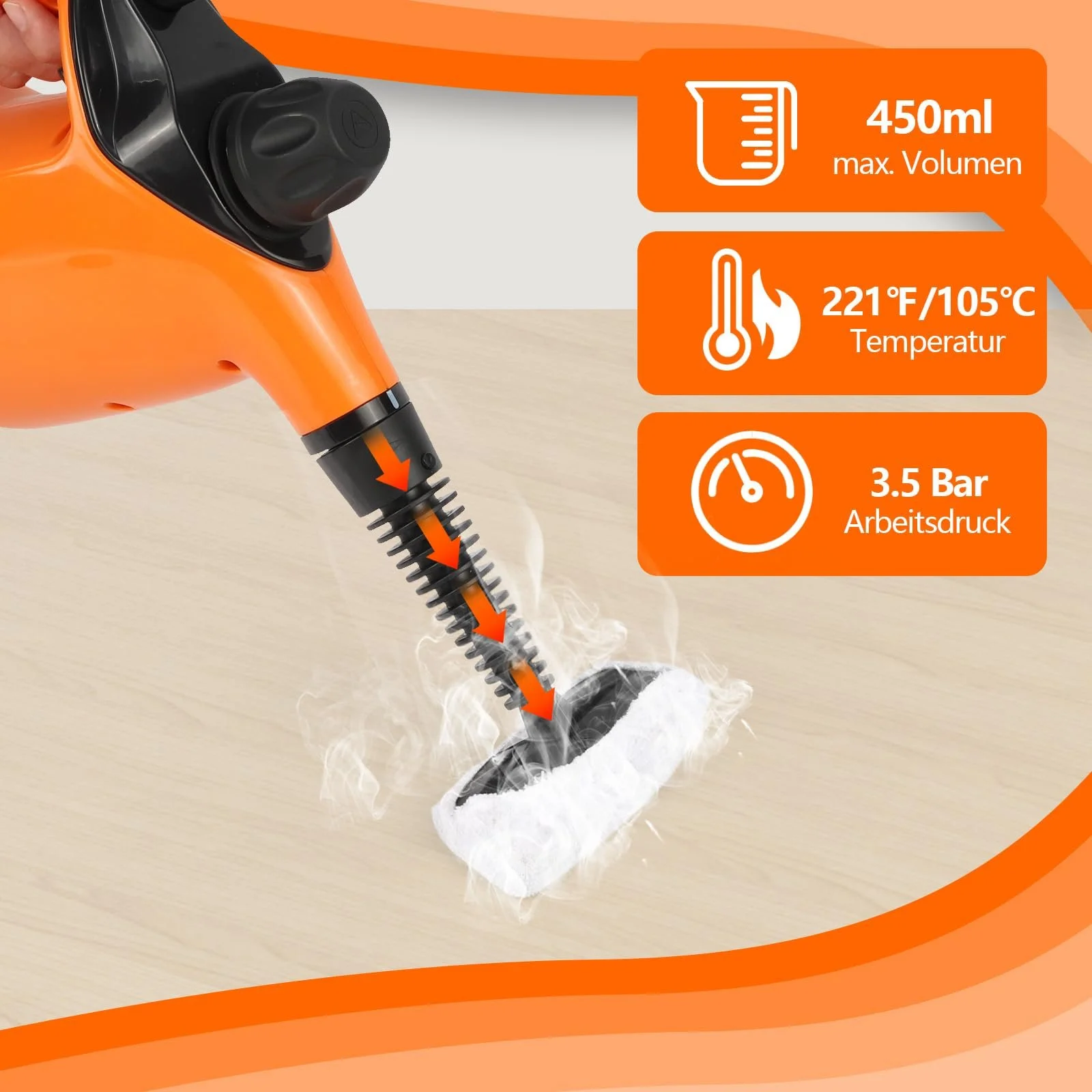 Ручний пароочисник 1050 Вт 11 аксесуарів 3,5 Бар 450 мл 105 °C, фото №2