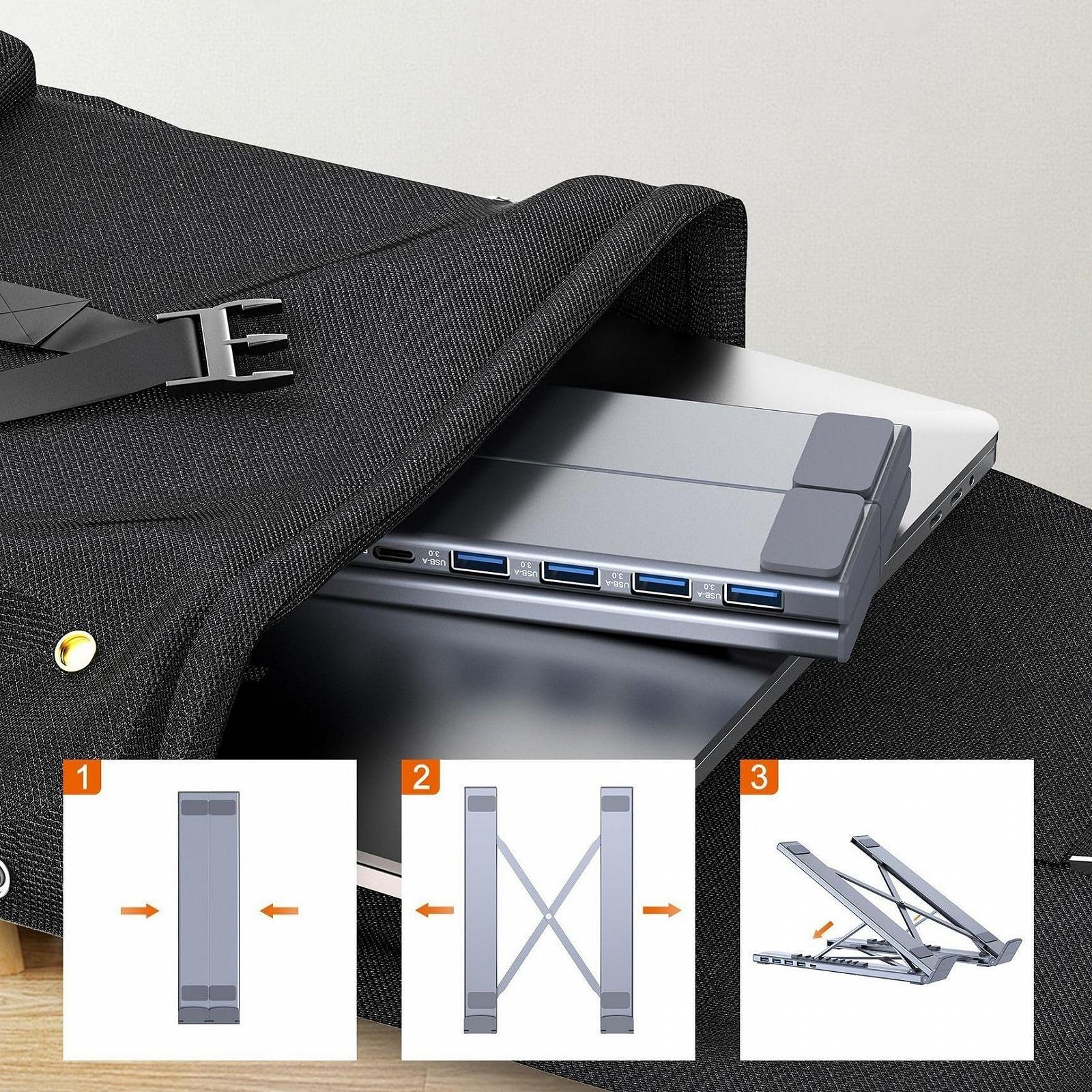 Регулируемая подставка для ноутбука 5 в 1, док-станция с 4 портами USB 3.0 для быстрой передачи данных, 9 уровней регулировки высоты для ноутбуков USB-C, фото №6