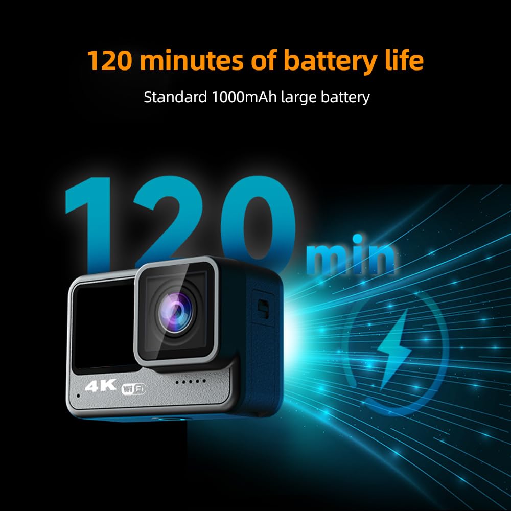 Екшн-камера Andoer Action Cam 4K 60FPS24MP WiFi Двохекранний сенсорний контроль 21 м герметичність з аксесуарами для кріплення, фото №3