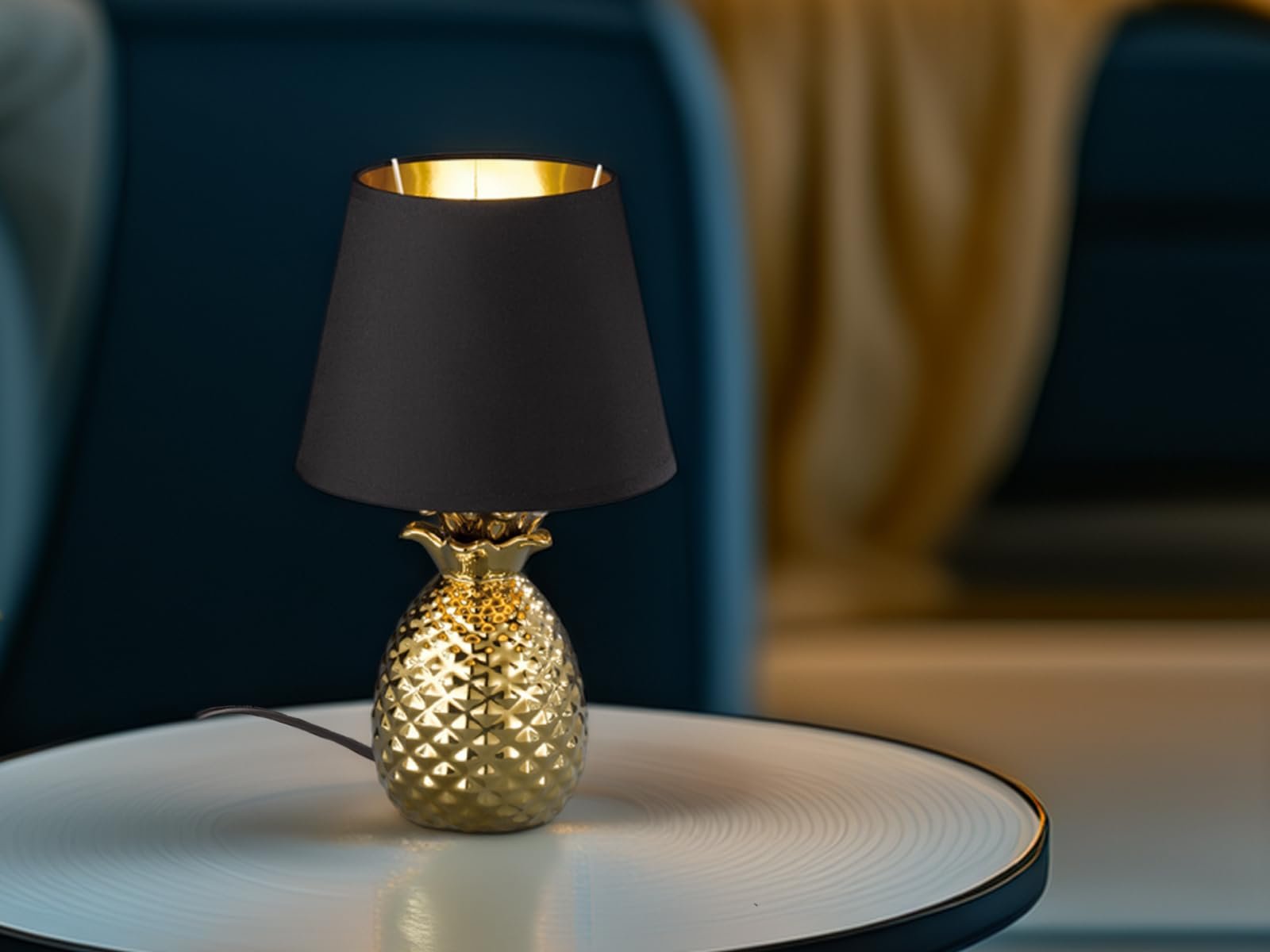 Настільна лампа meineWunschleuchte Ананас 35 см Керамічна основа Тканинний абажур Золотистий Чорний, фото №2
