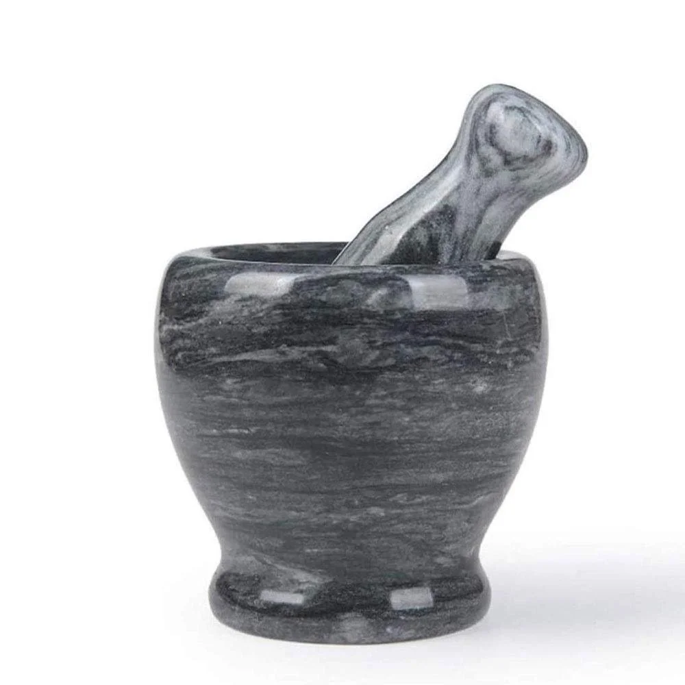 Ступка з товкачиком з полірованого натурального мармуру, середньо-сіра, фото №1