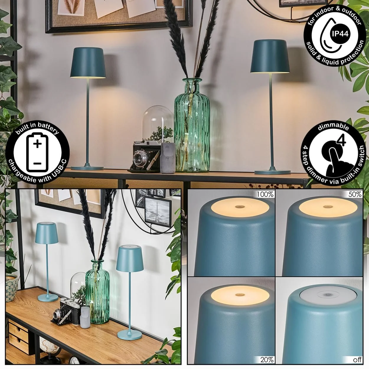 Настільна лампа HOFSTEIN Belece LED набір з 2 шт димована металева/пластикова 37 см USB-C акумуляторна IP44 синя/біла, фото №2
