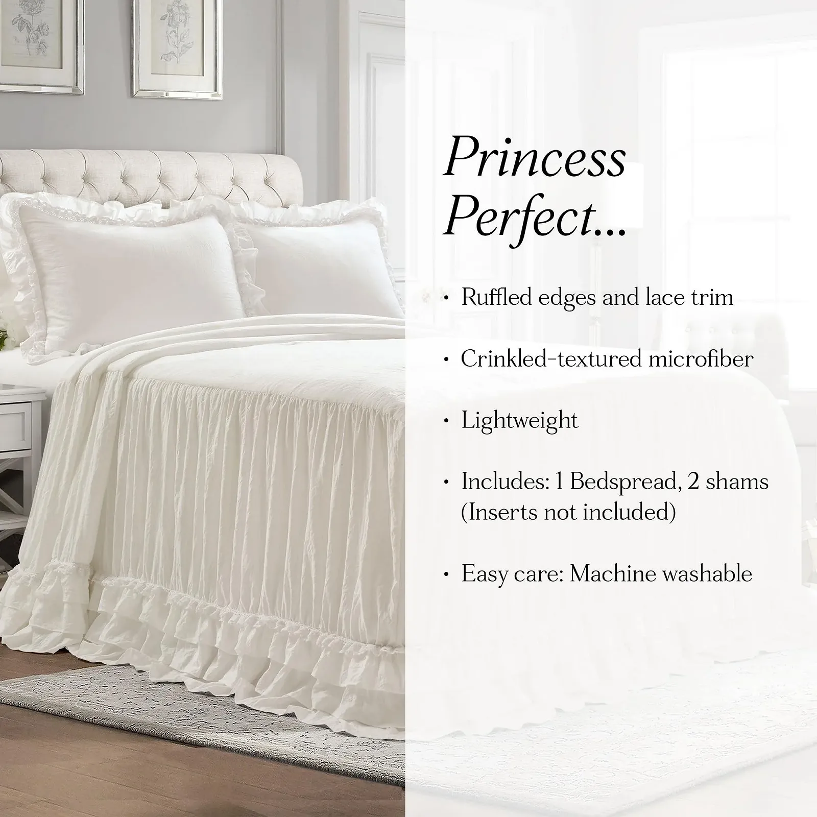 Покрывало Lush Decor Ella Кружево с оборками Винтажный шик Легкий Набор из 3 предметов, фото №6