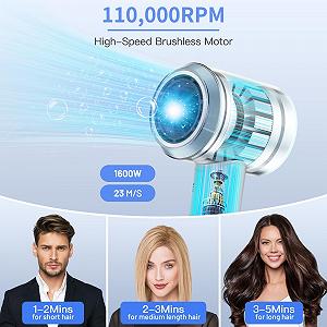 Фен Oushome ионный, безщеточный, 110 000 об/мин, 4 режима, 200 миллионов отрицательных ионов, с магнитной насадкой, легкий/портативный, белый жемчуг synthetic.ua - Фото 1