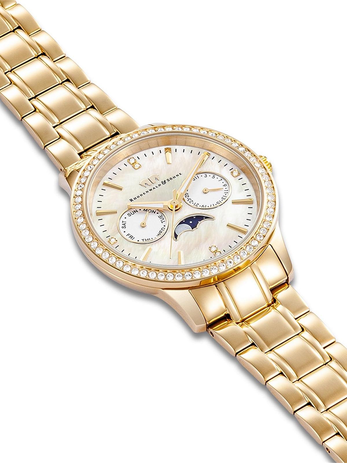 Женские часы Rhodenwald & Söhne Кварцевые Аналоговые Многофункциональные 10010438 С браслетом из нержавеющей стали Желтое Золото Украшенные кристаллами, золотистый, Без мотива, фото №3