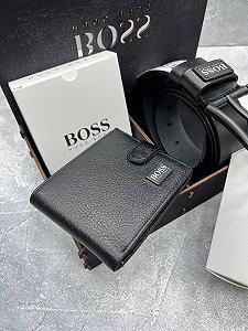 Чоловічий ремінь з чорною пряжкою і гаманець з застібкою в коробці BOSS synthetic.ua - Фото 1