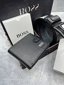 Мужской ремень с черной пряжкой и кошелёк с застежкой в коробке BOSS synthetic.ua - Фото 1