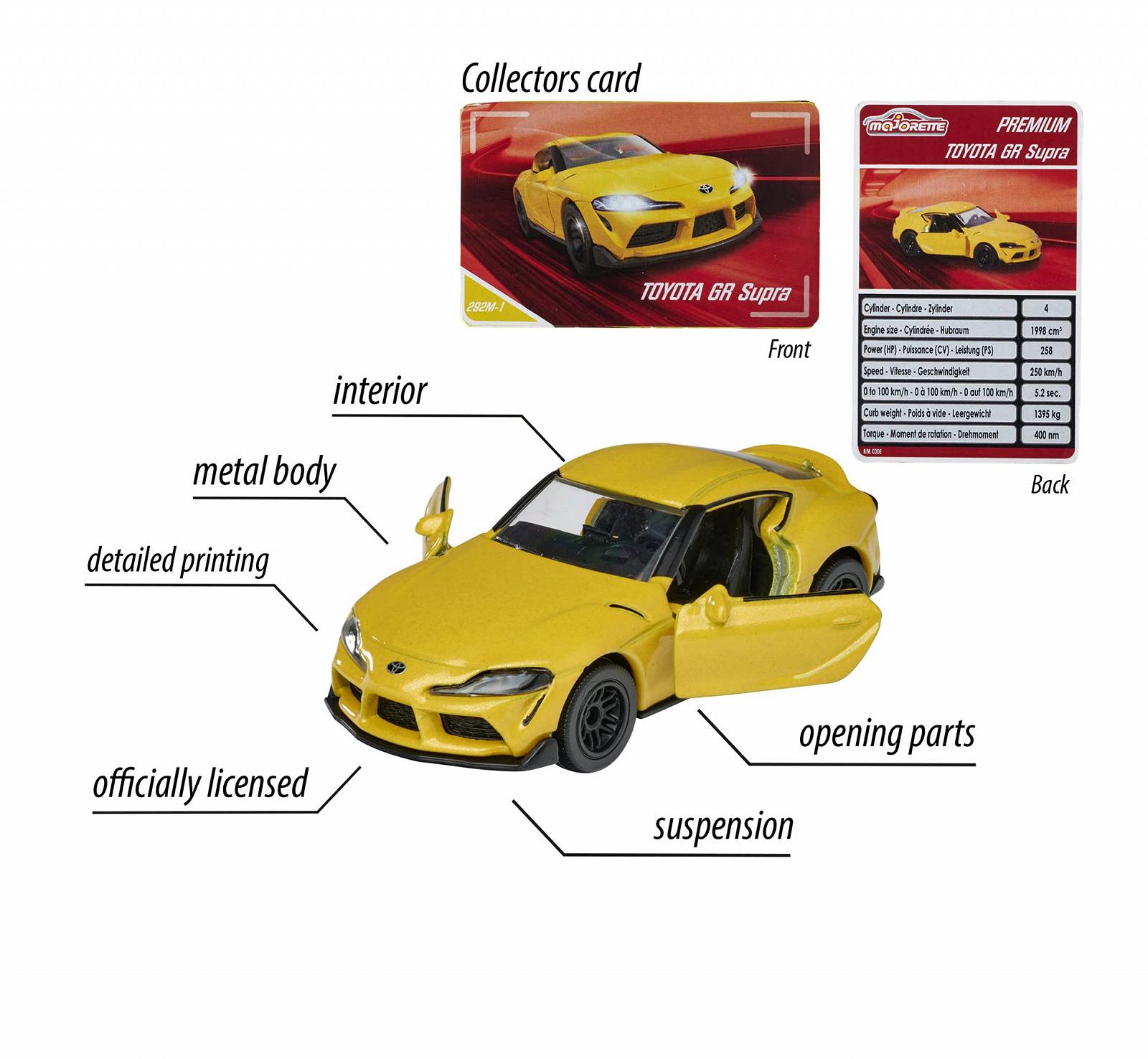 Іграшка Majorette Premium Toyota Supra Freewheel Відкривні частини Підвіска Торгова картка 1:64 7.5 см Жовтий, фото №5 Іграшка Majorette Premium Toyota Supra Freewheel Відкривні частини Підвіска Торгова картка 1:64 7.5 см Жовтий, фото №5