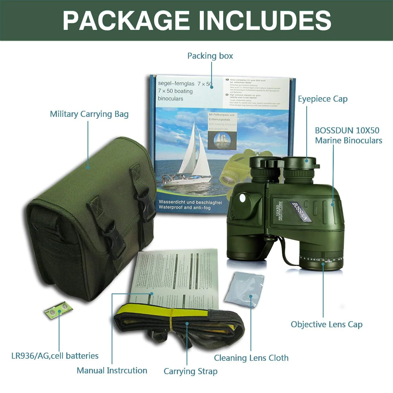 Бінокль Marine 10x50 Морський з нічним баченням, далекоміром та компасом, фото №7