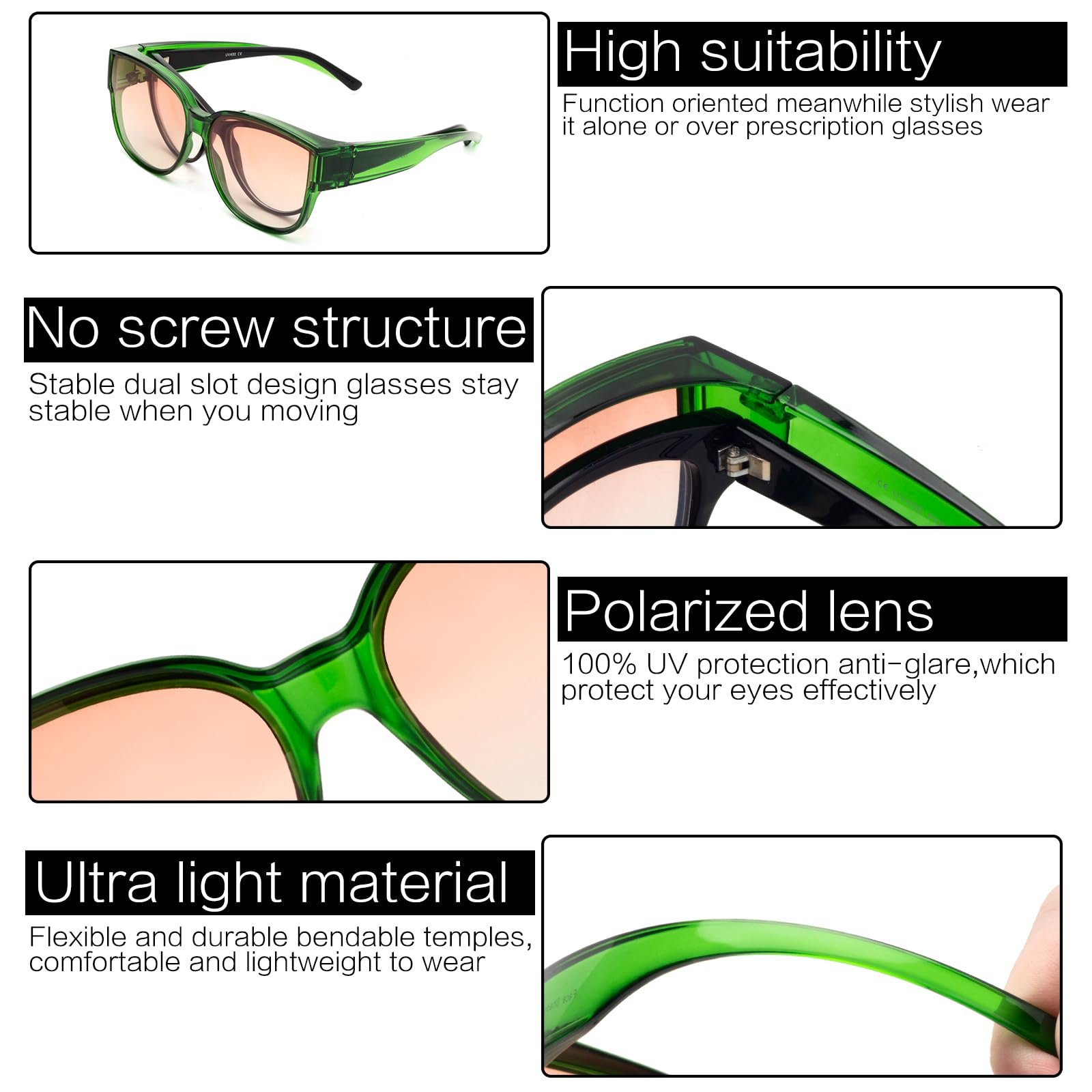 Сонцезахисні окуляри поляризаційні Face Shadow для жінок, для носіння поверх звичайних окулярів, захист UV400, великі, ультралегкі, для водіння, риболовлі, XL-прозора зелена оправа/градієнт, фото №6