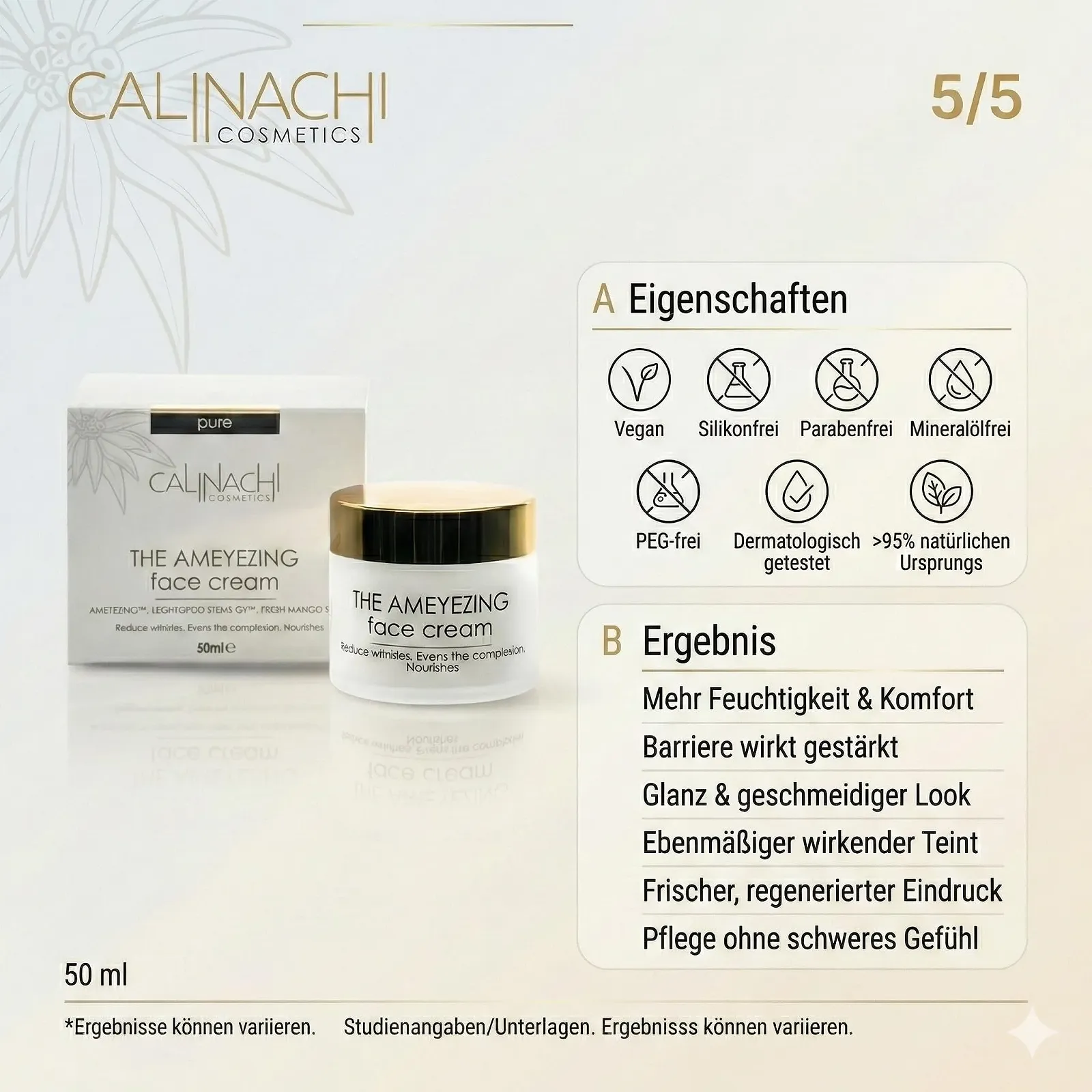 Крем для обличчя CALINACHI Regenerating Anti-Ageing 50 мл AMEYEZING, LEONTOPOD STEMS GX, AQUAXYL Зволоження та рівний колір обличчя Для чутливої шкіри Без ароматизаторів, фото №6