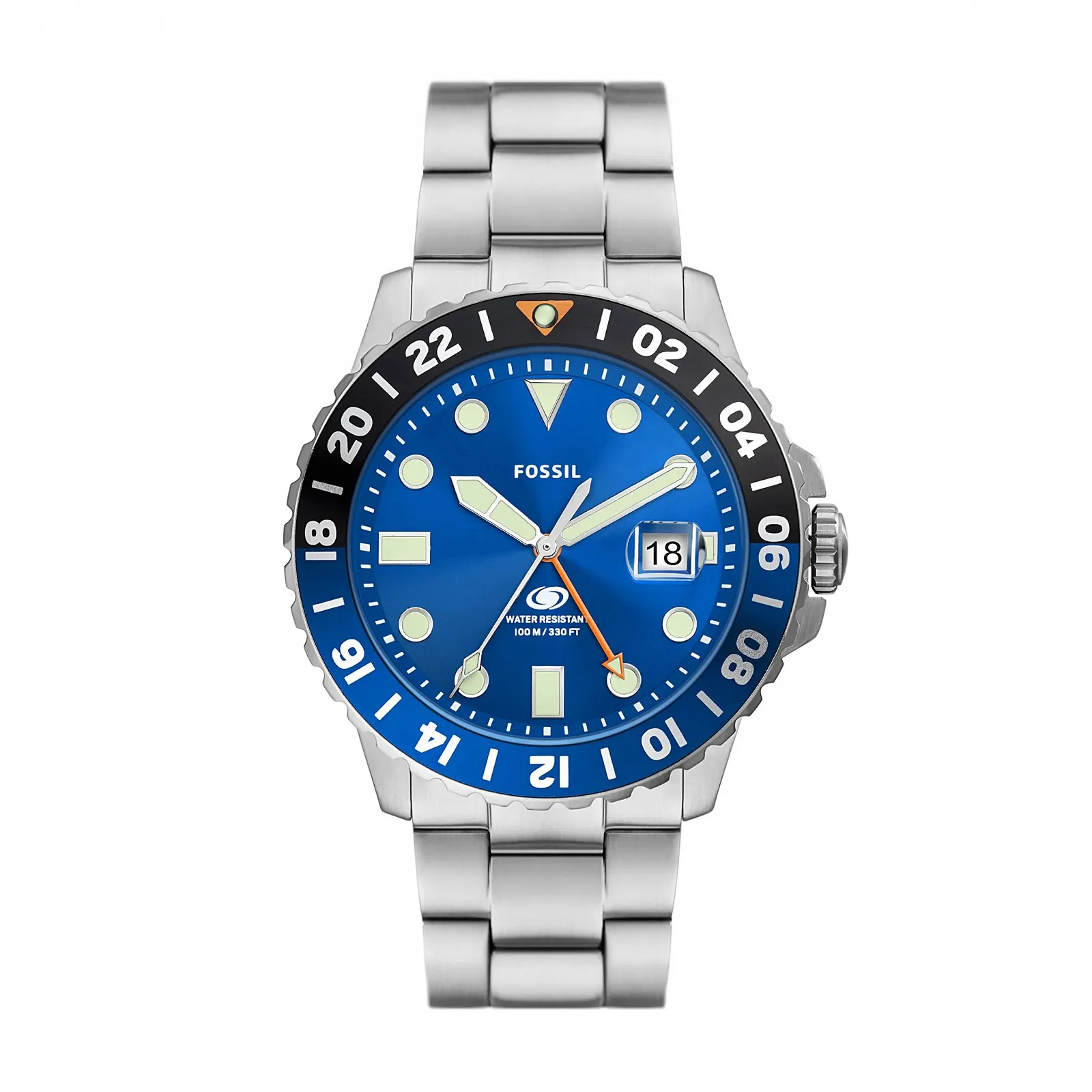 Часы Fossil Blaue GMT мужские, трехстрелочный механизм с датой, с браслетом из нержавеющей стали или силикона, фото №1