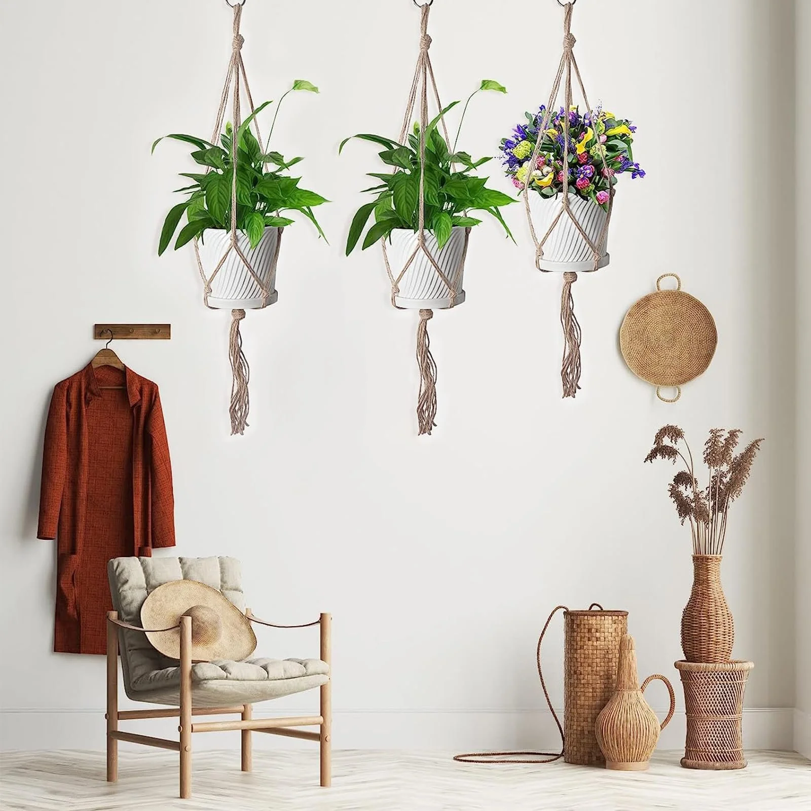 Подвесные кашпо макраме 4 шт. из пеньковой веревки 90/105 см, фото №7