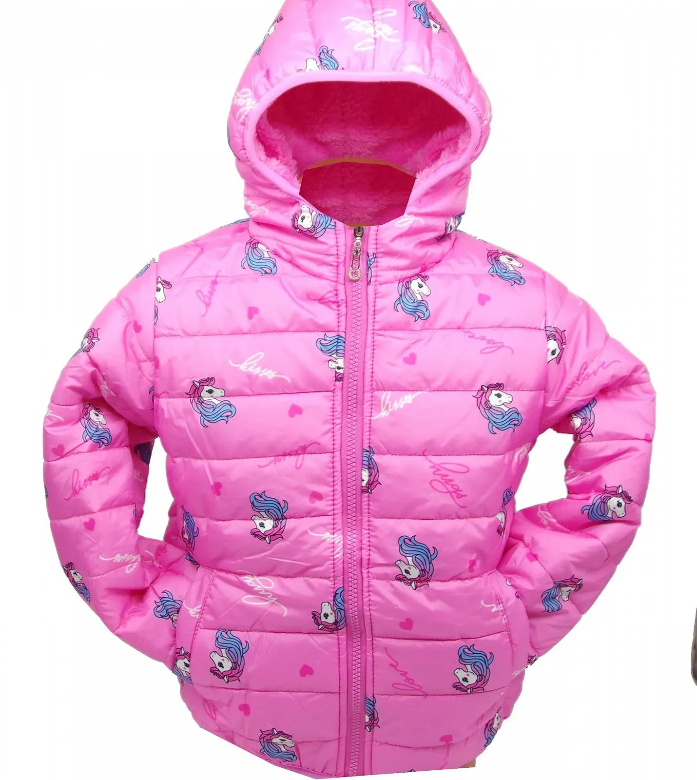 Куртка зимова Moderei Unicorn рожева, штучне хутро, капюшон, на блискавці, фото №2