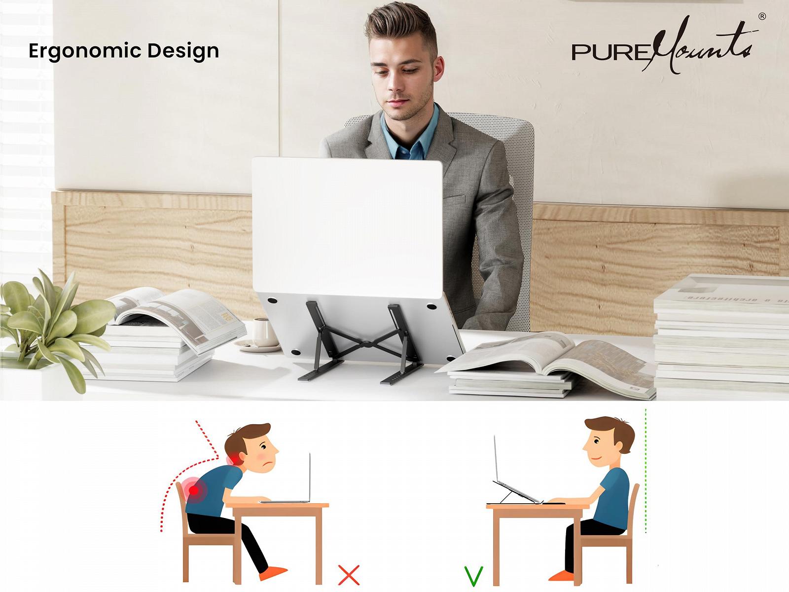 Підставка для ноутбука PureMounts, регульована по висоті, складна та ергономічна, 7 регульованих кутів огляду, алюмінієва, фото №4