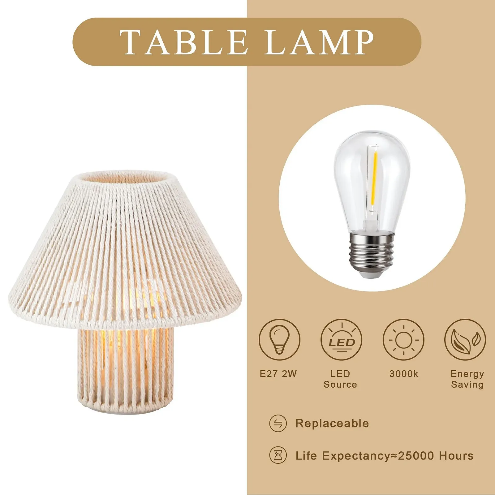 Настільна лампа TRIROCKS LED плетена бавовняна мотузка 18 см на батарейках Набір з 2 шт. Boho, фото №3