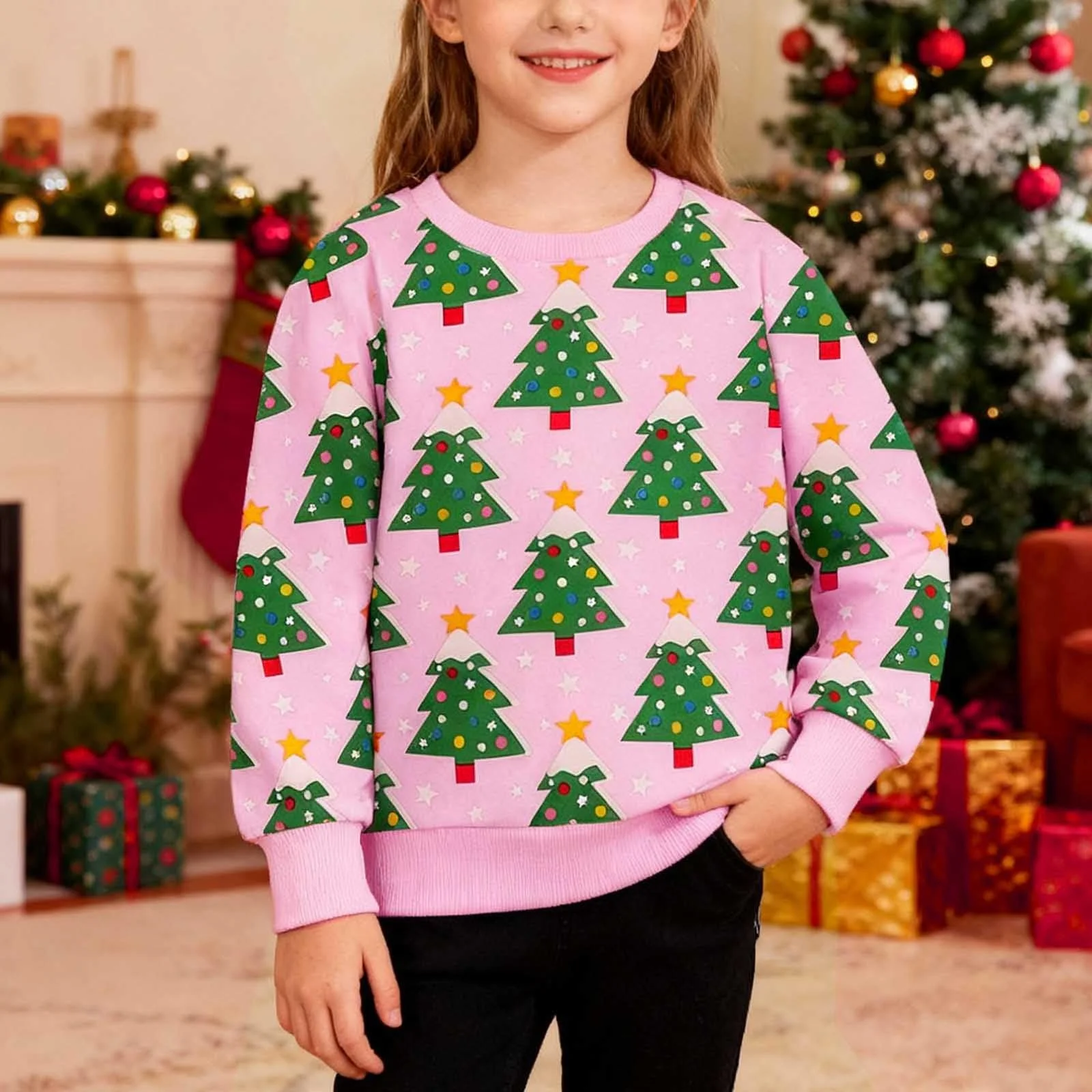 Пуловер для девочек с принтом, детский свитшот с длинными рукавами и круглым вырезом, мягкий и удобный, повседневный зимний верх с графическим рисунком для детей, размер 176, фото №3