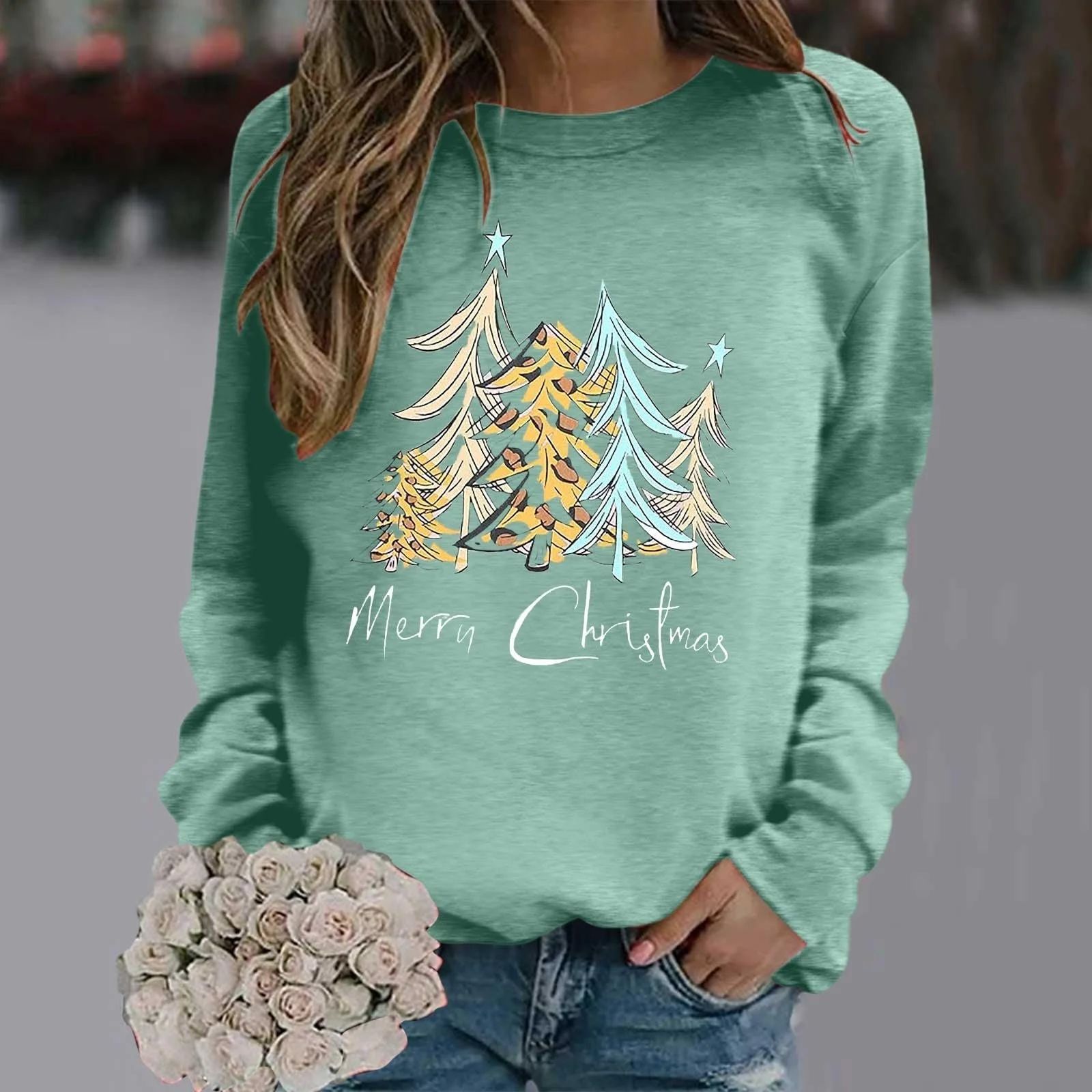 Лонгслив Женский Рождественский Свитер Merry Christmas Рождественская Толстовка без Капюшона с Длинным Рукавом Рождественский Верх Круглый Вырез для Женщин Девушек-Подростков, фото №2