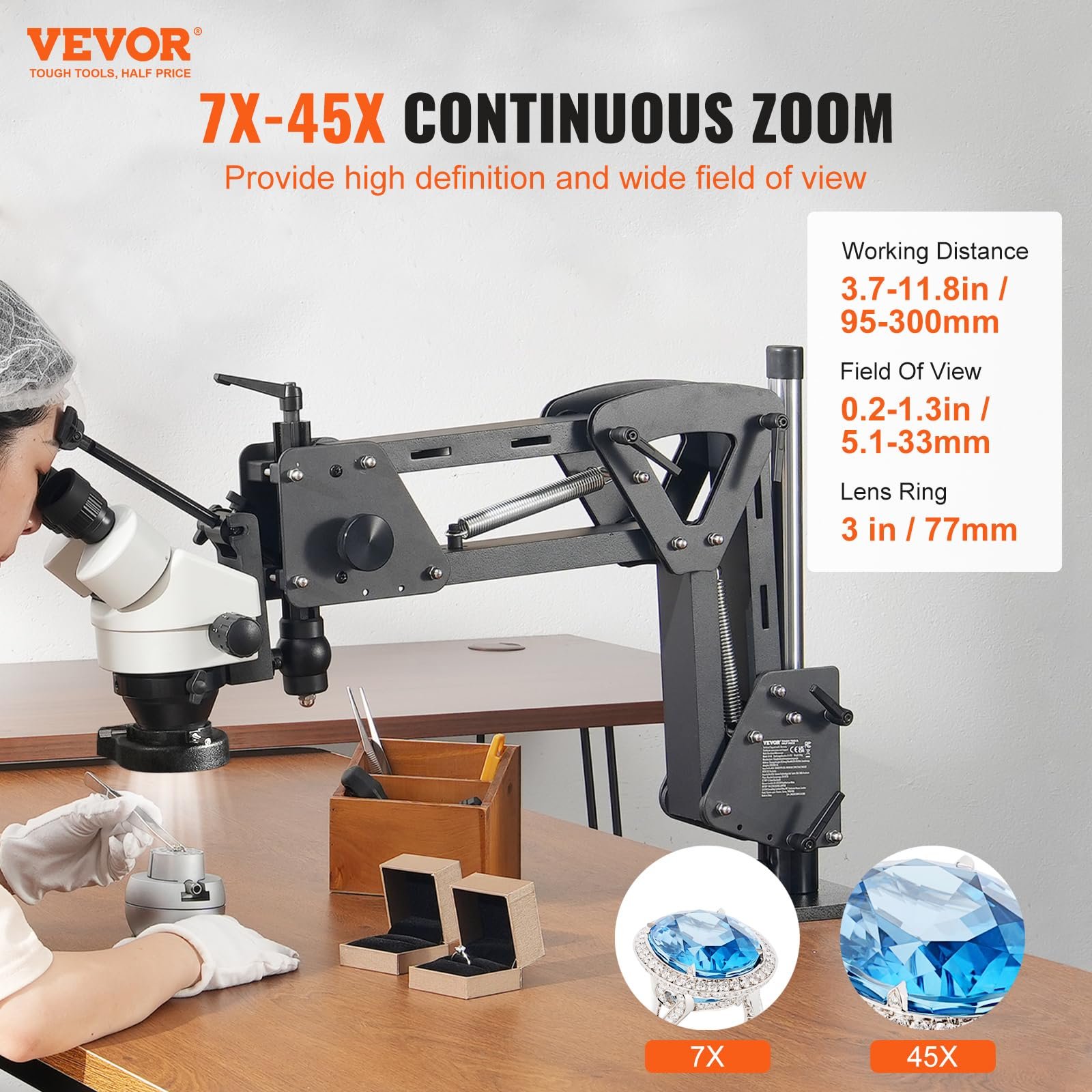 Микроскоп VEVOR Multi Directional 7X-45X с пружинным креплением, подставкой для микро-ювелирных изделий со встроенной USB кольцевой светодиодной подсветкой и шаровыми тисками 360°, фото №2