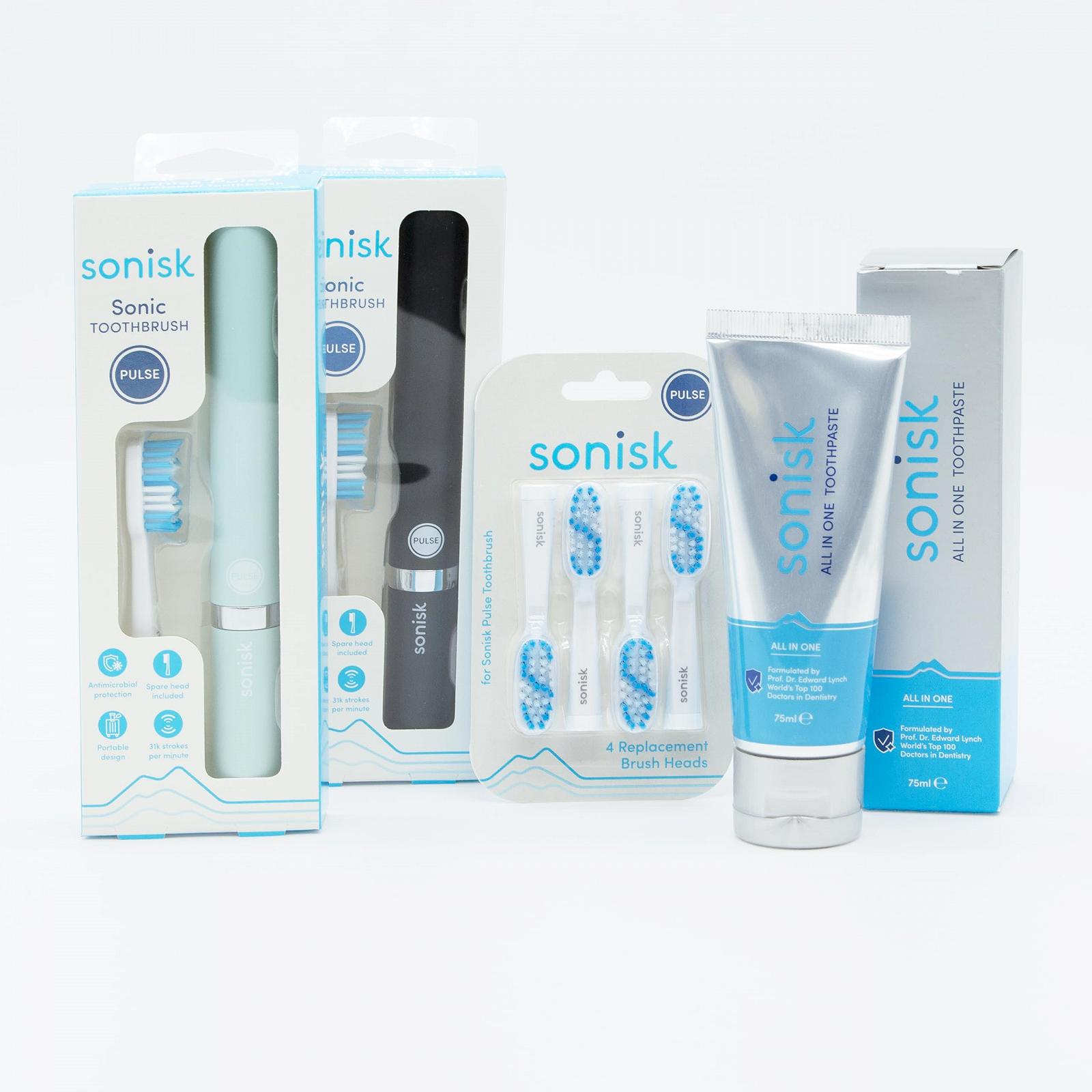 Набор Зубных щеток Электрическая Sonisk Couple Set Pulse 2 шт. 4 Сменные Насадки, Зубная Паста Все-в-Одном, Звуковая Технология, Удаление Налета (Бирюзовый и Матовый Черный), фото №1
