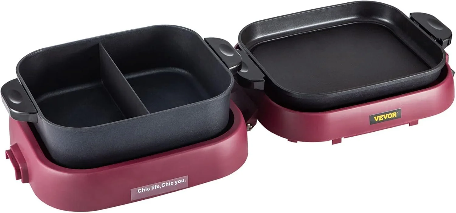 Электрогриль VEVOR TKM-P10 2100W / 2-в-1 Гриль + Фондю / Независимый Контроль Температуры / Антипригарное Покрытие / Бургунди, фото №1