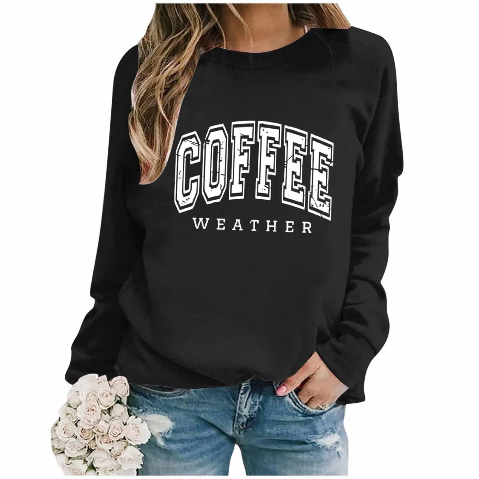 Женская Толстовка с Буквенным Принтом Coffee Weather, С Длинными Рукавами, Круглым Вырезом, Свободный Пуловер, Блузка, Повседневные Осенние Топы, Куртка, фото №3