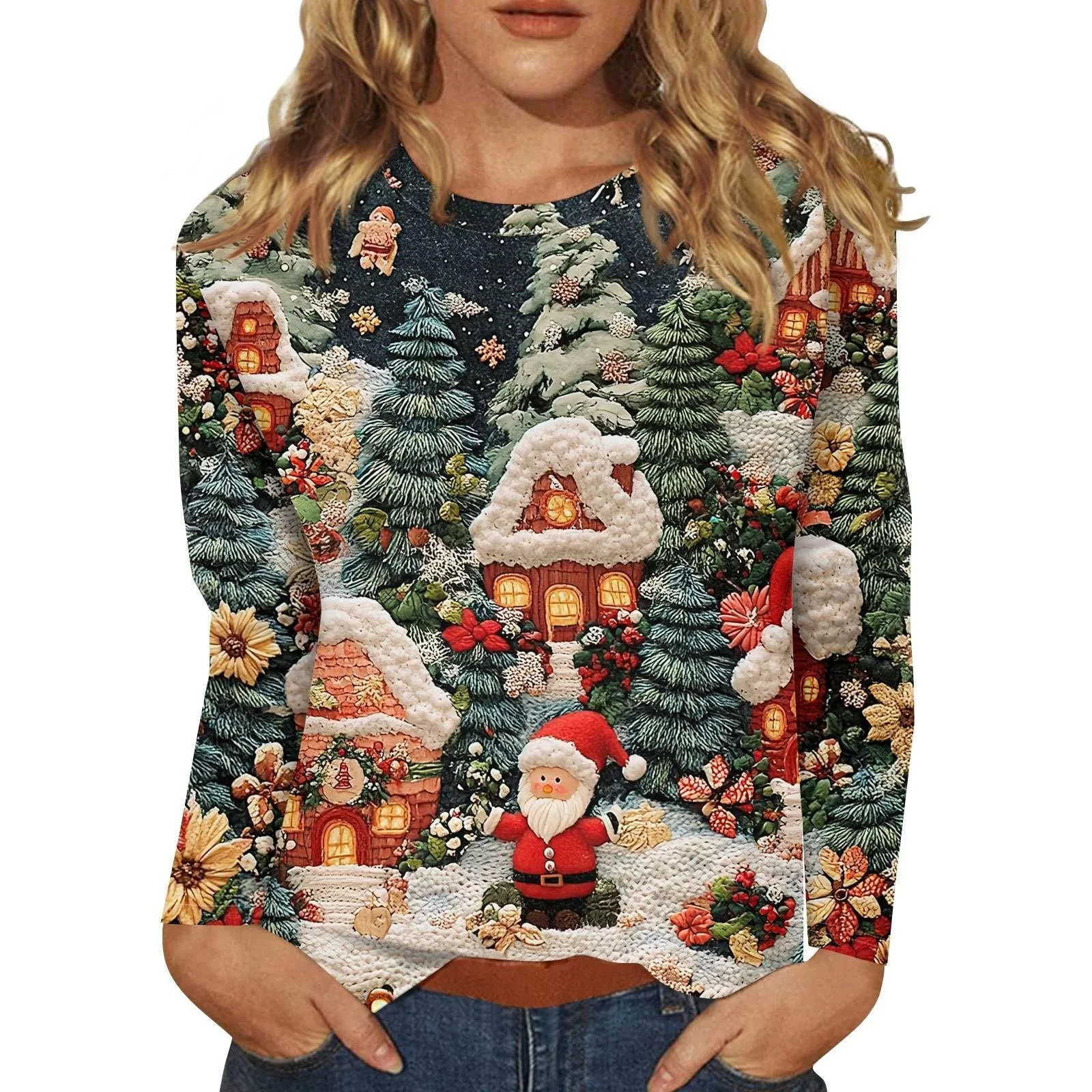 Рождественский джемпер Женский рождественский свитшот с круглым вырезом и длинными рукавами, смешная рождественская футболка с принтом елки, праздничный графический пуловер, фото №1