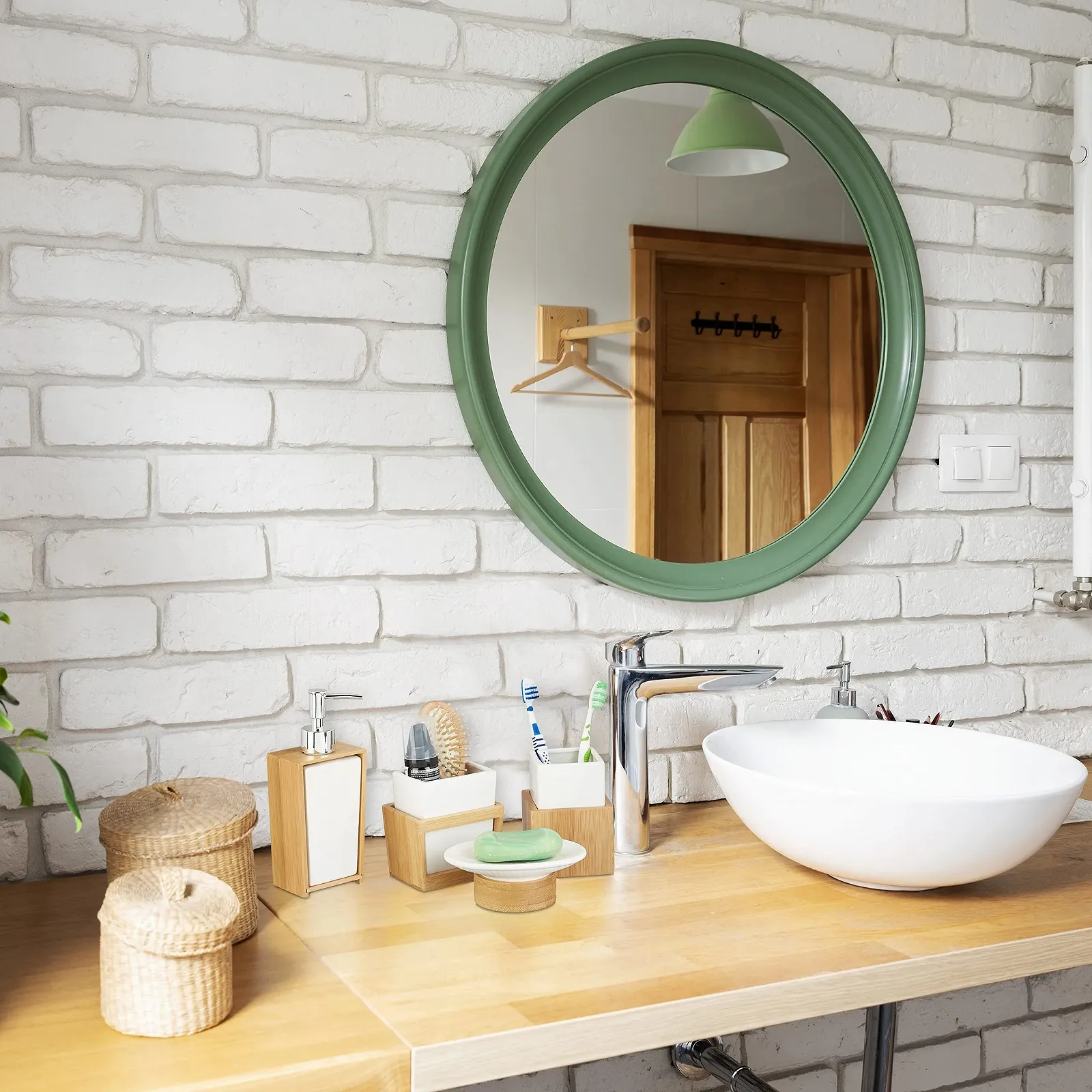 Набор для ванной комнаты Relaxdays, 4 предмета, керамика и бамбук, дозатор для мыла и стакан для зубных щеток, натуральный белый, фото №2