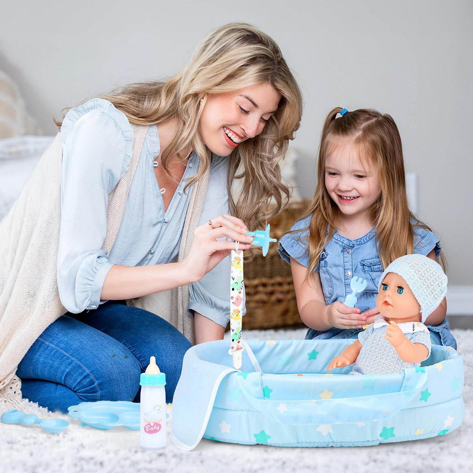 Кукла-мальчик 30 см с 3 комплектами одежды и аксессуарами, кроватка-переноска, бутылочка, игрушка для ролевых игр для детей 3-8 лет, подарок, фото №4