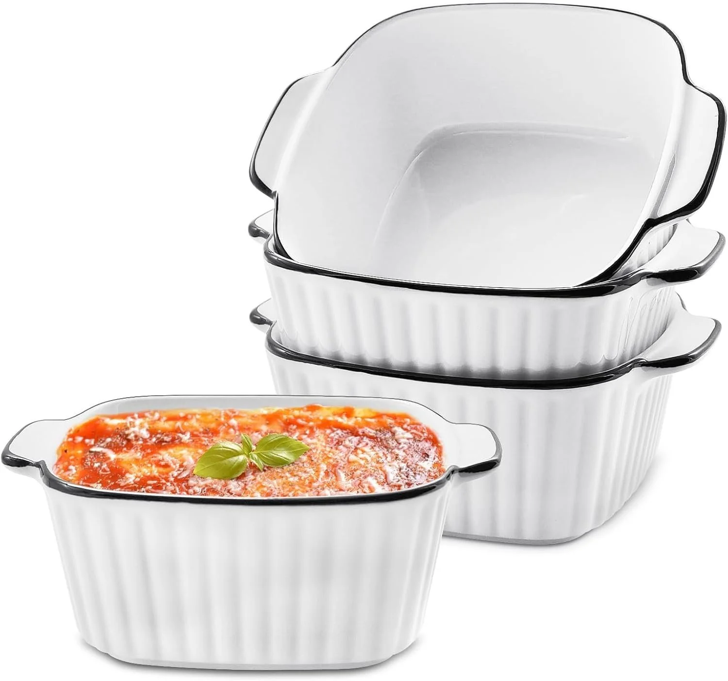 Набор форм для запекания керамических 4 шт. квадратные 14,7 см с ручками черно-белые, фото №1