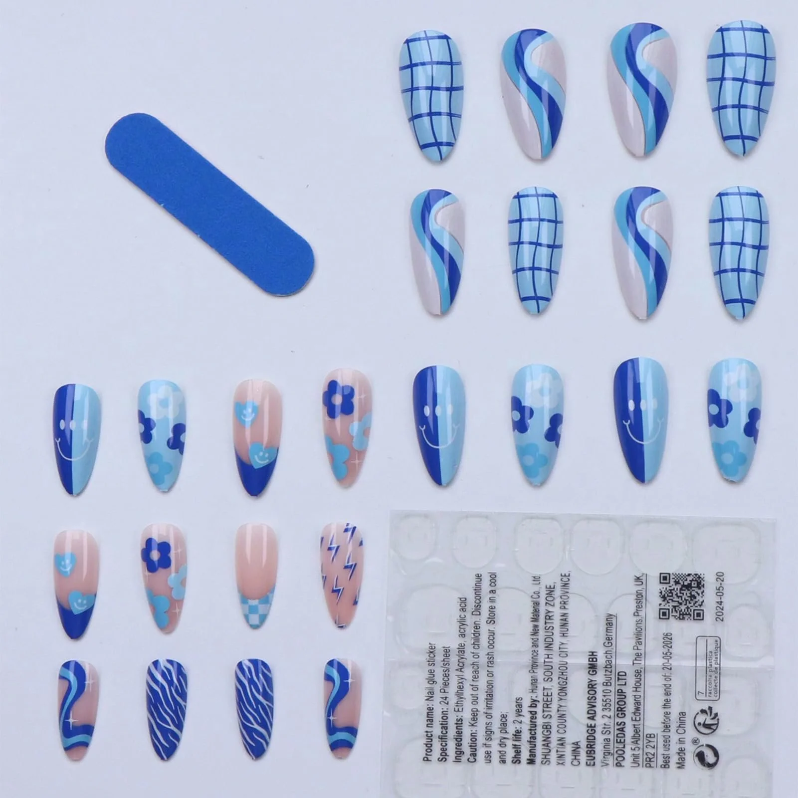 Накладные ногти GlamRays Blue Long Almond 24 шт. с цветами и сердечками, фото №4