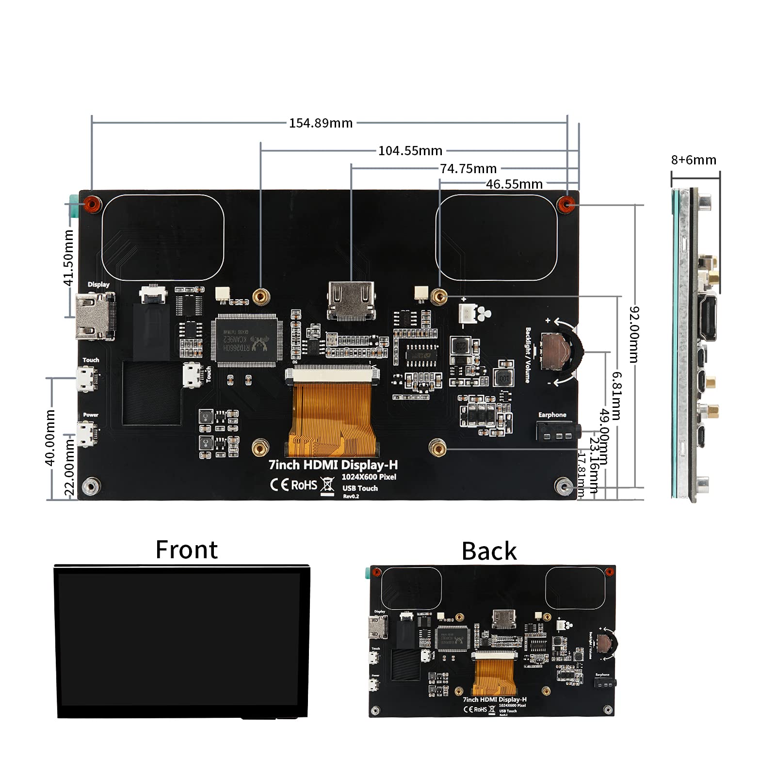 Монітор WIMAXIT Raspberry Pi Touch Screen Display 7 дюймів 1024 x 600 USB HDMI IPS 178° з динаміками та підставкою для Raspberry 4/3/2/Ноутбук/ПК, фото №3