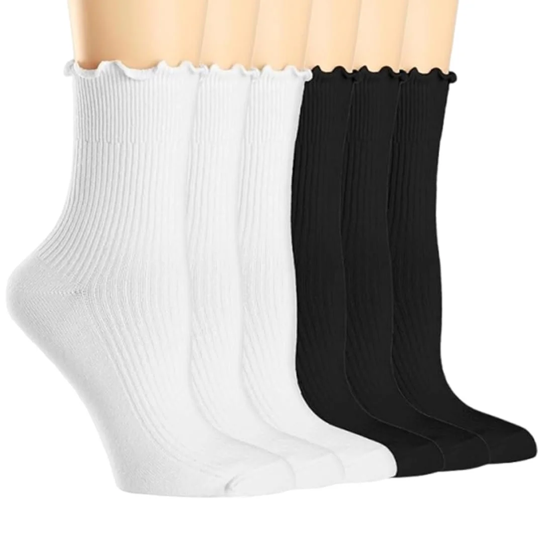 Носки с рюшами Женские носки с рюшами Хлопковые вязаные носки Crew для женщин и девушек, 35-41, Черно-белые (6 пар), фото №1