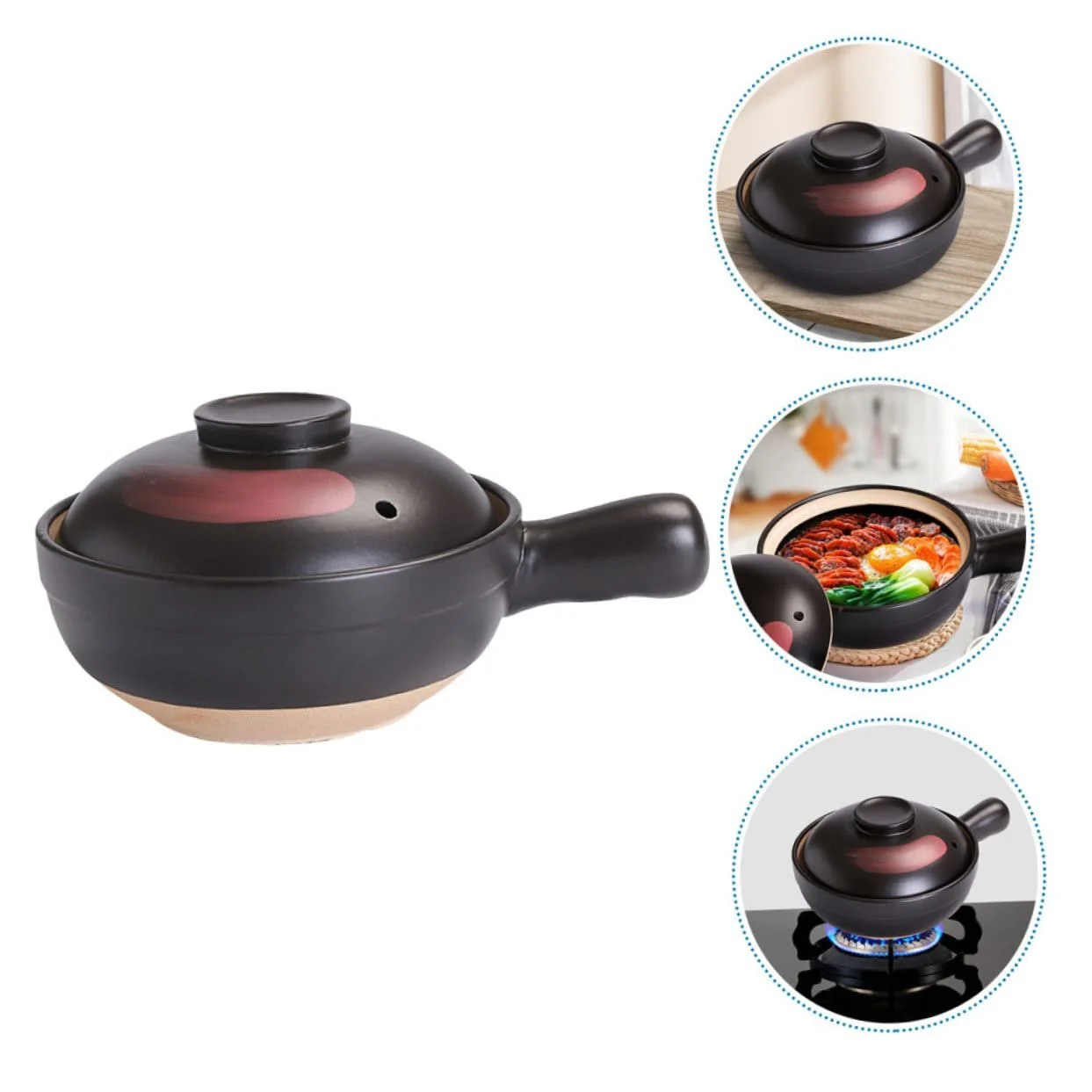 Кастрюля глиняная термостойкая для газовых плит маленькая Черная с красным узором, фото №3