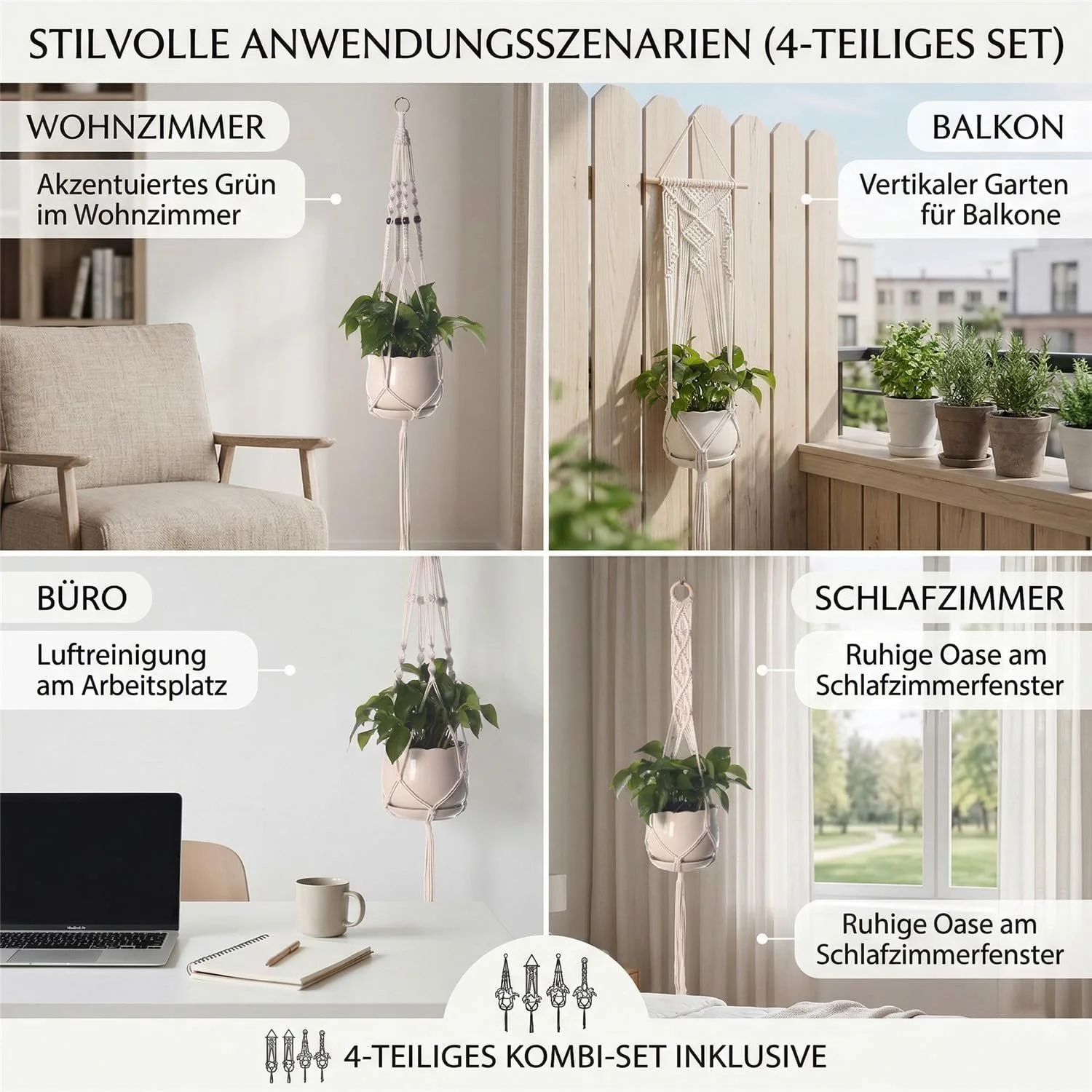 Підвісне кашпо макраме Набір 4 шт. Бавовна 10-25 см Біле, фото №8